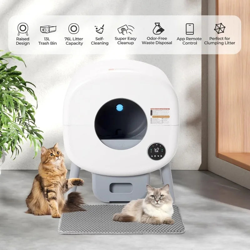 Extra Large Automatic Litter Box Self Cleaning for Multiple Cats, Odor-Free, App-Controlled, Ambient Light Waste Disposal