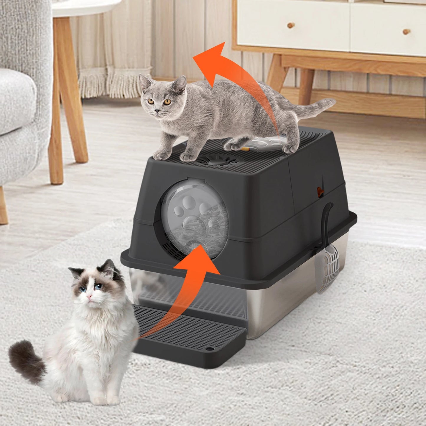 Stainless Steel Cat Litter Box with Lid Large Enclosed High Sided Litter Box Carbon Filters Easy Cleaning Anti-Urine Leakage