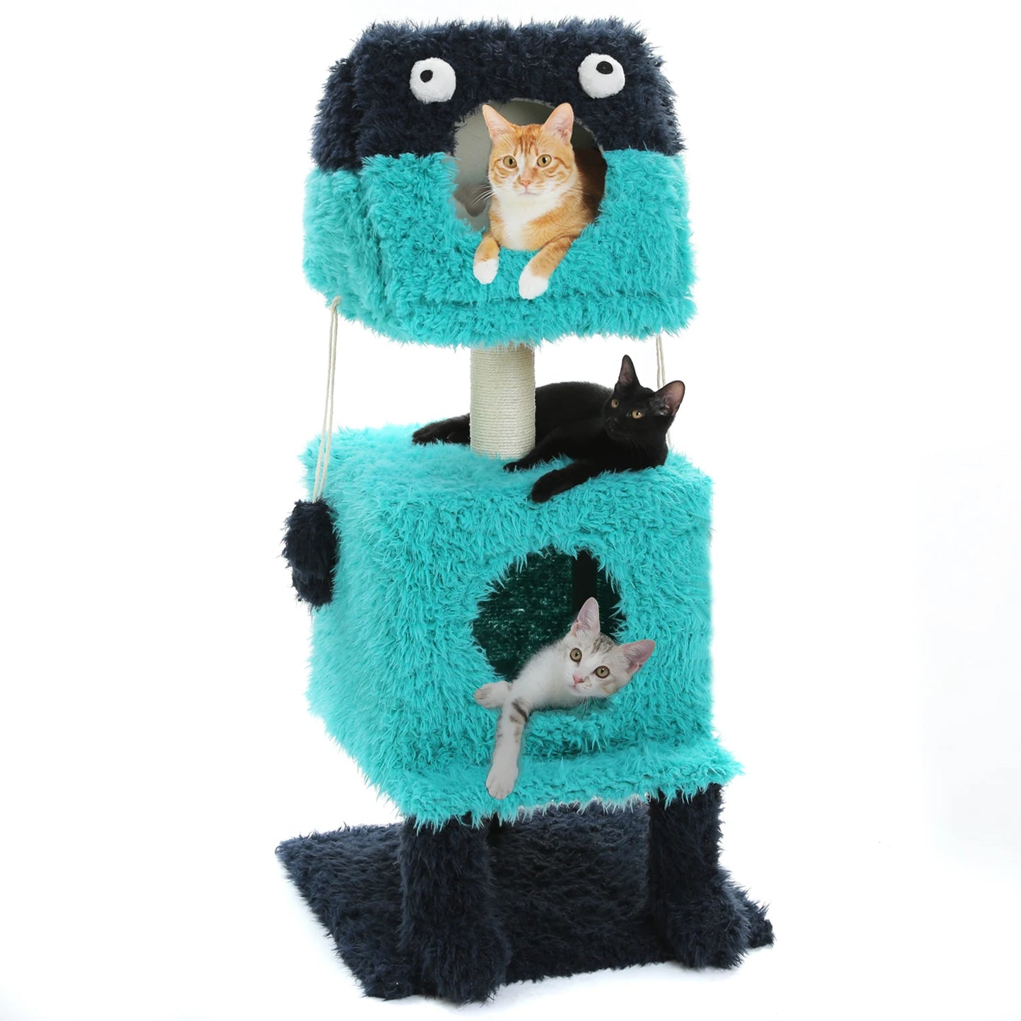 Monster Series Cute Cat Tree Tower Plush Modeling with 2 Big Cat Condos Cat Scratching Post with Plush Shoes Strange Braids Toy