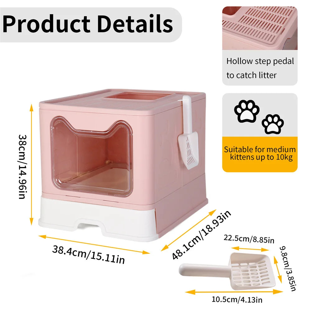 Large Pink Cat Litter Box Tray Top Entry Cat Toilet with Lid Hooded Kitten Litter Drawer Tray with Scoop No Smell Easy Cleaning