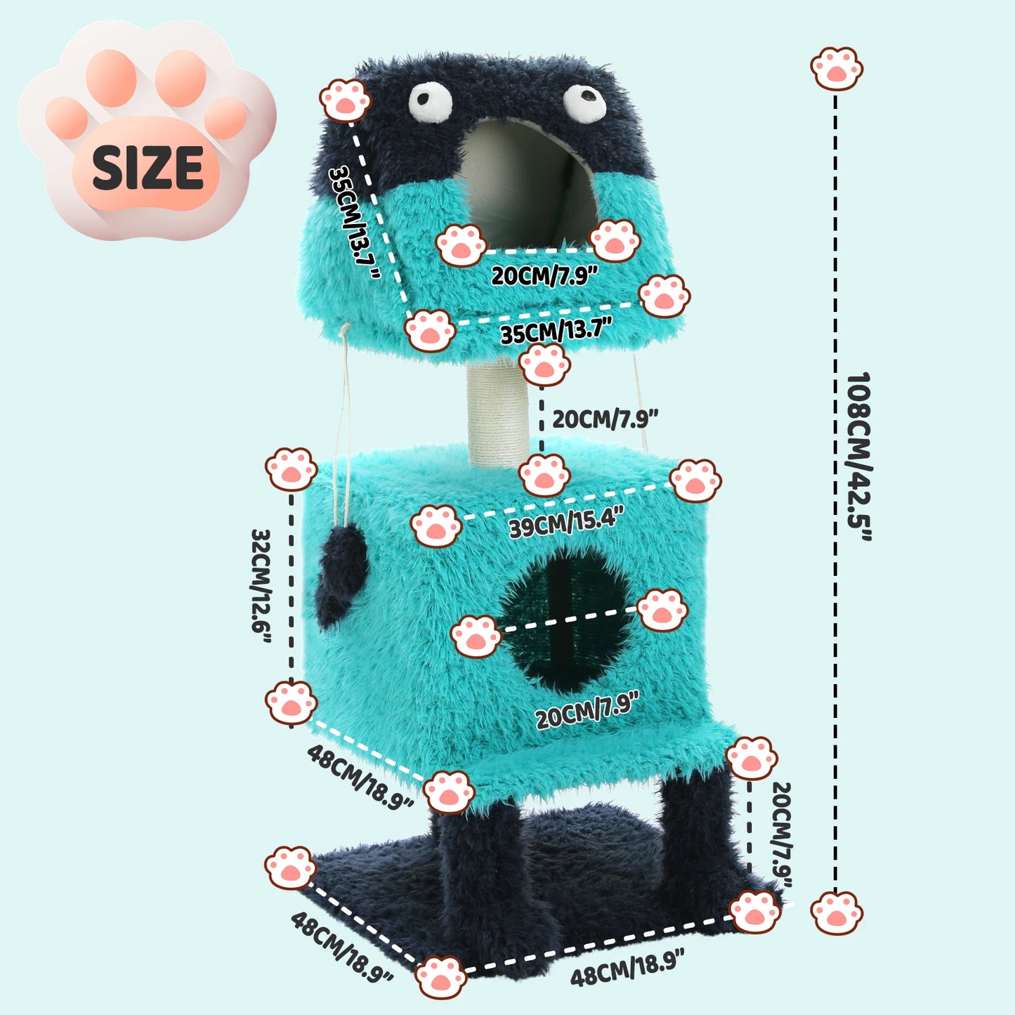 Monster Series Cute Cat Tree Tower Plush Modeling with 2 Big Cat Condos Cat Scratching Post with Plush Shoes Strange Braids Toy