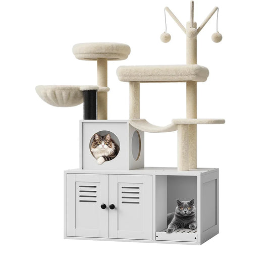 Litter Box Enclosure with Cat Tree Tower Condo - 3-in-1 Cat House Multi-Level Design for Climbing, Wooden Cat Furniture