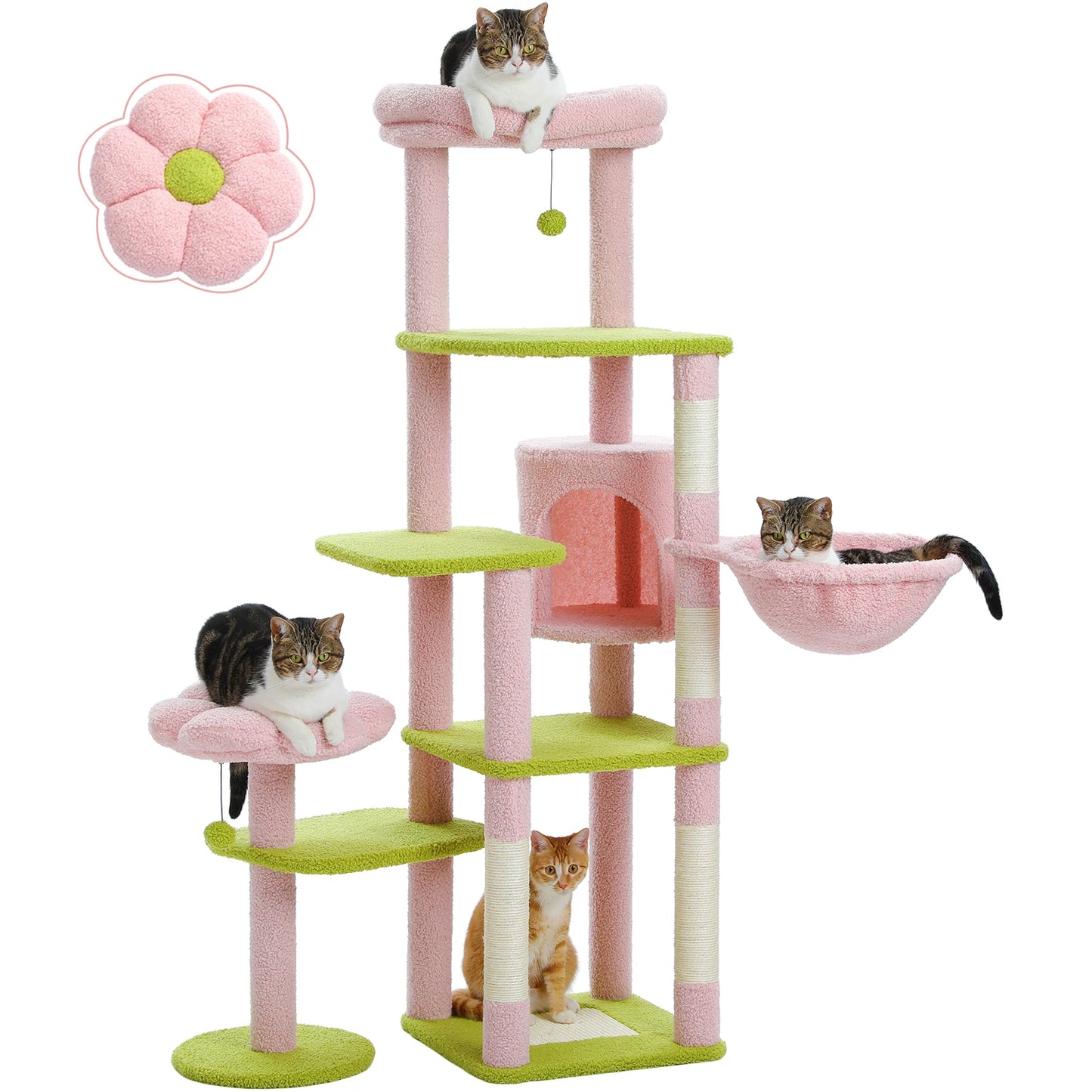 Tall Cat Tree for Large Cat Multi-Level Cactus Cat Tower for Indoor Cats Cat Condo with Large Hammock Scratching Post  2 Perches