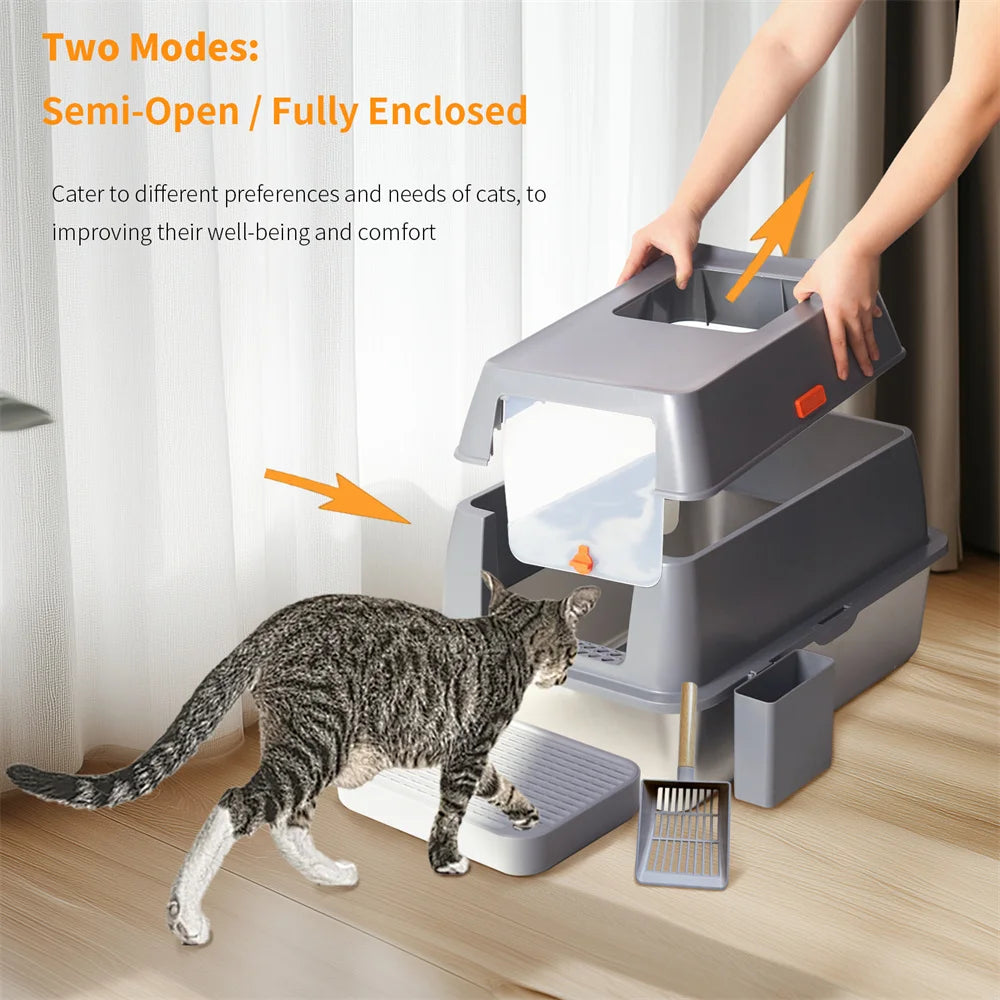 XXL Stainless Steel Cat Litter Box Enclosed Puppy Cat Litter Tray with Lid Large Litter Pan High Wall Side Easy Cleaning Toilet