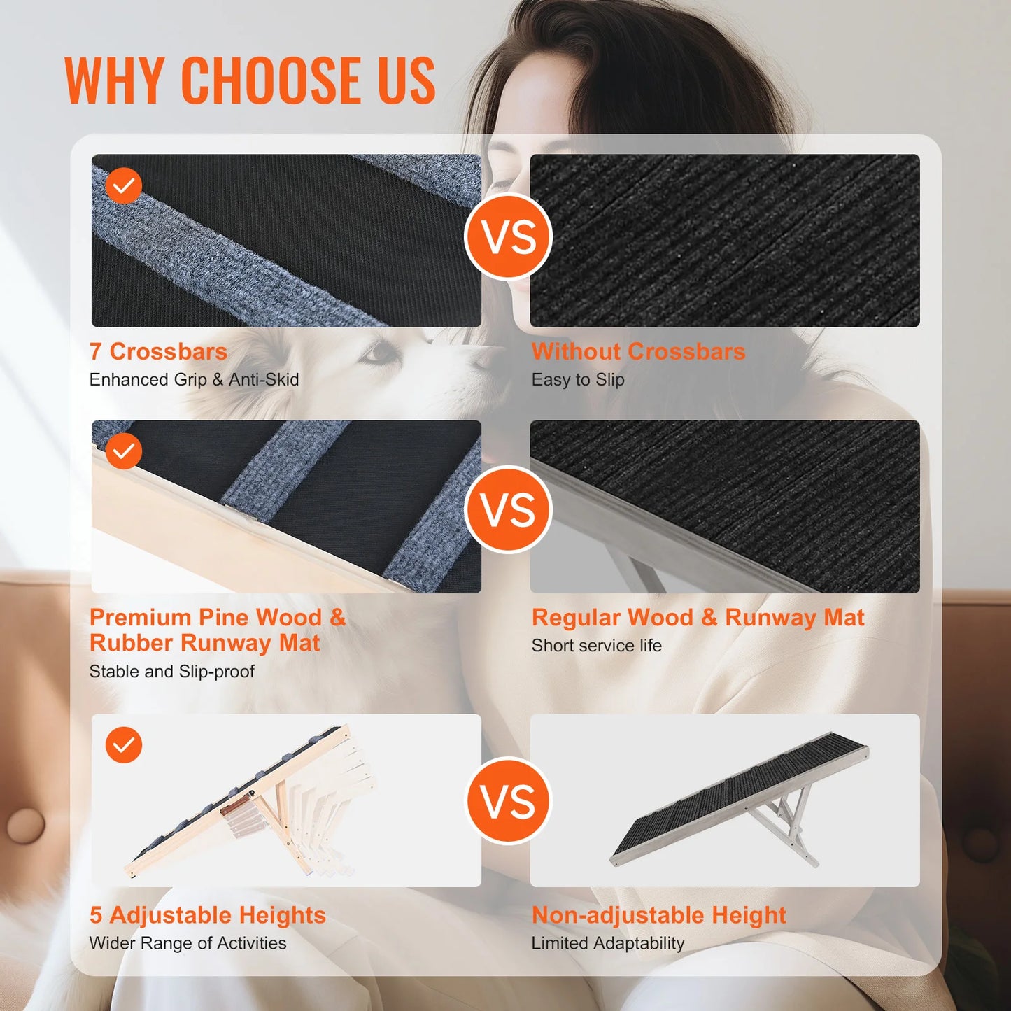 SucceBuy Dog Ramp Folding Ladder Anti-slip High Adjustable Wooden Pet Ramp Removable for Small Old Dog Climb Stairs Sofa Car Bed