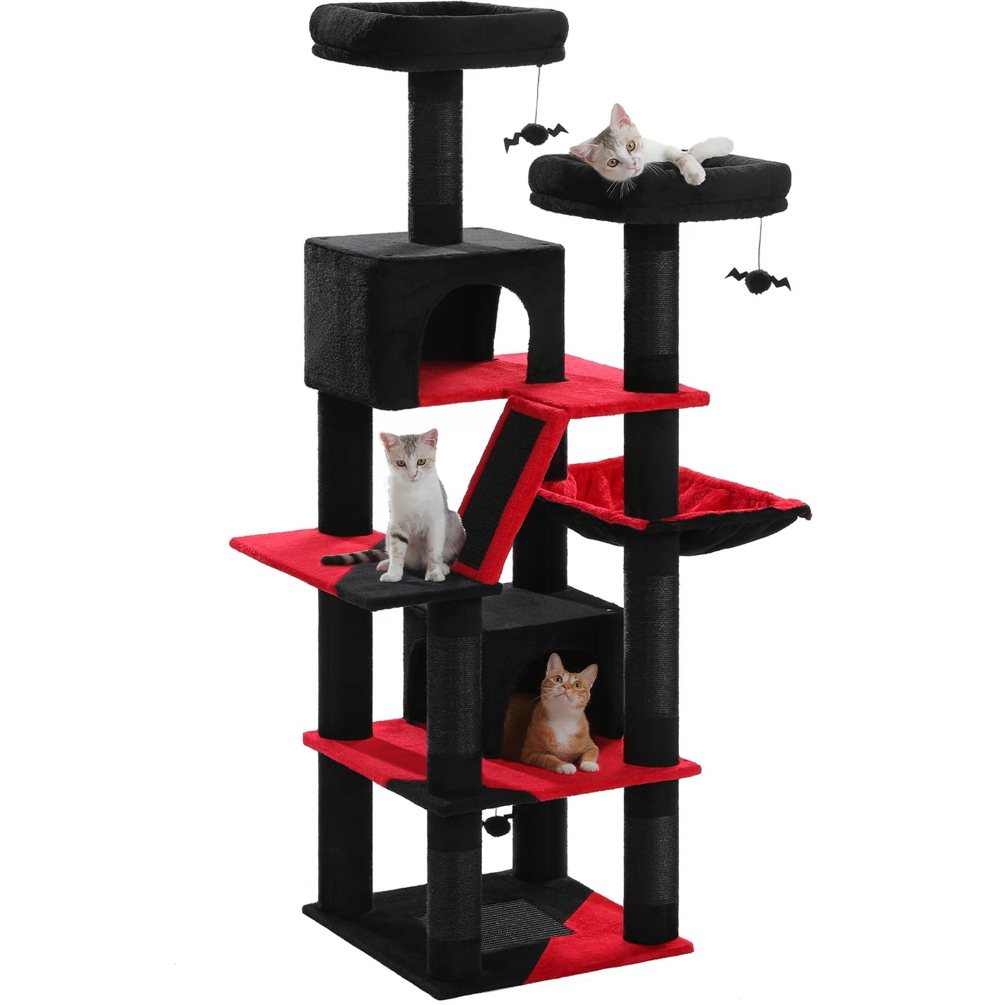 Stable&Safe Multi-Level Cat Tree Tower with Cozy Condo,Scratching Posts&Boards,Perches,Hammock,Pompoms for Active Cats,Cat Toys