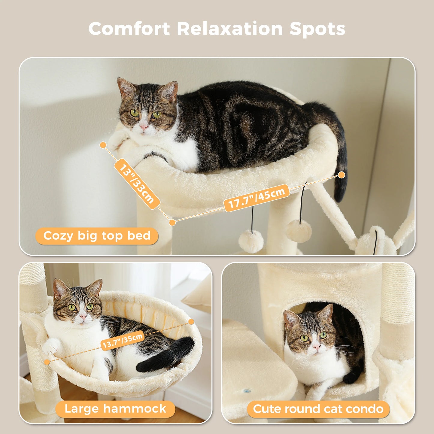 Stable Cat Tree Tower with Anti-Toppling Device,Cozy Detachable Top Bed,Cute Round Cat Condo,Large Hammock,Replaceable Pompoms