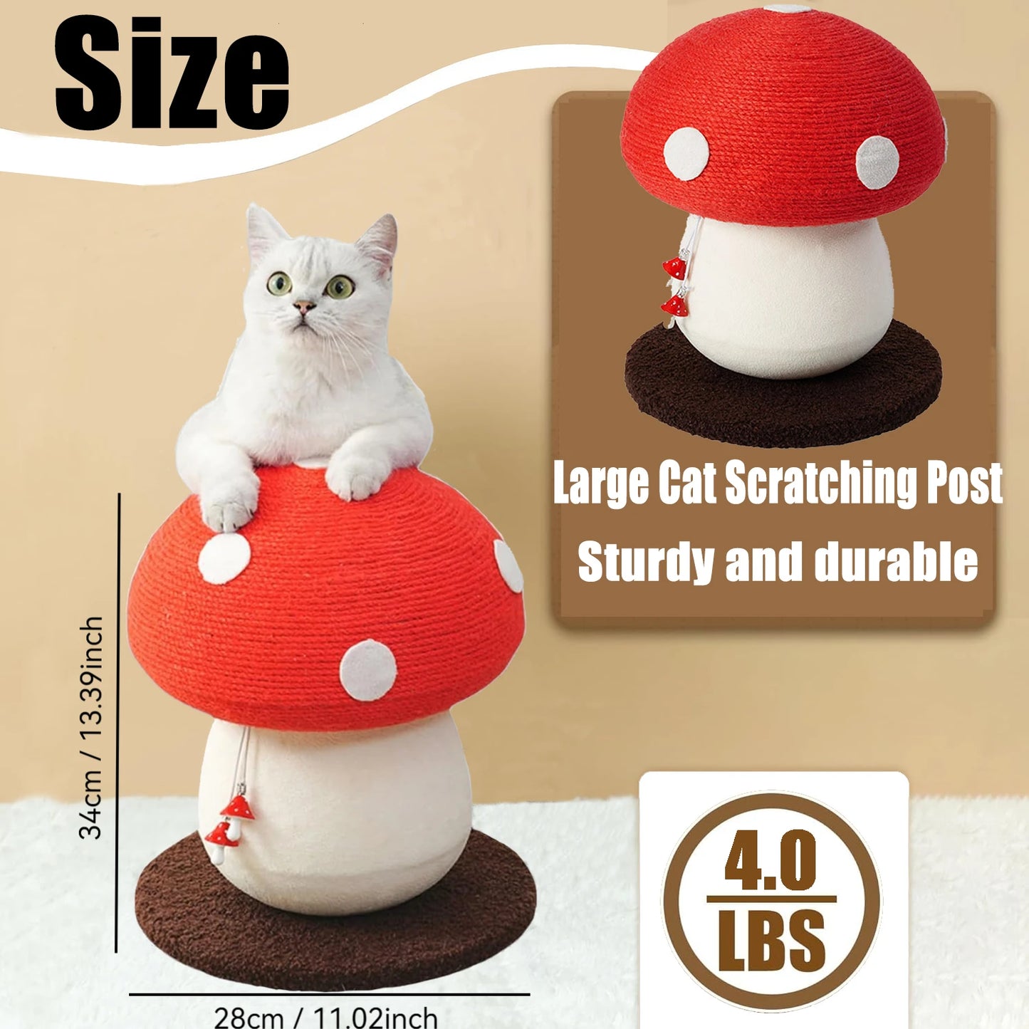 Red Mushroom-Shaped Sisal Cat Scratching Post |   Durable and Non-Falling |   Great for Paw Care and Furniture Protection |   Easy to Assemble |   Great for Cats!
