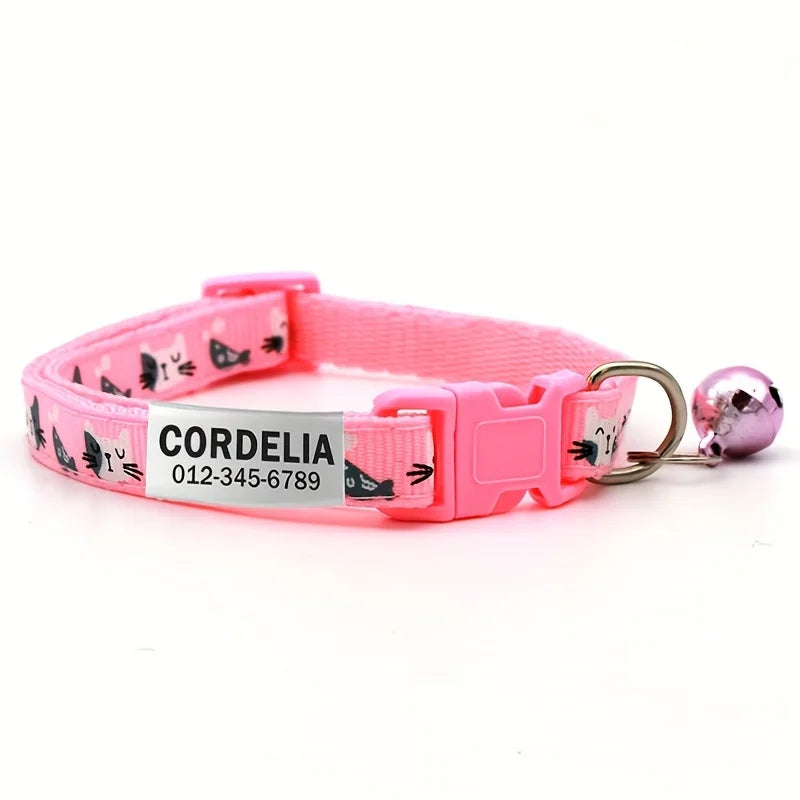 Personalized Printed Cat Collar With Bell Adjustable Kitten Puppy Collars Free Engraved ID Nameplate Anti-lost Safety Buckle