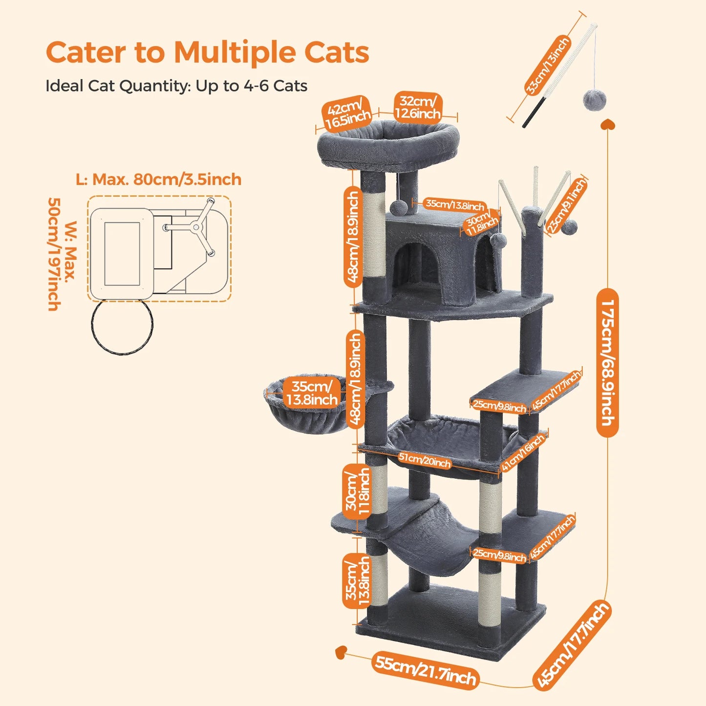 Stable&Safe Cat Tree Multi-Level Cat Tower with Spacious Hammock&Top Perches,Comfortable Condo Perfect for Indoor Cats,Cat Toy