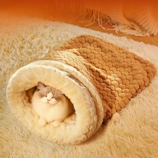 Cozy Cave Cat Sleeping Bag: Winter Warm Semi-Enclosed Pet Bed with Security Hood - Self-Warming Fluff Pocket for Anxious Cats