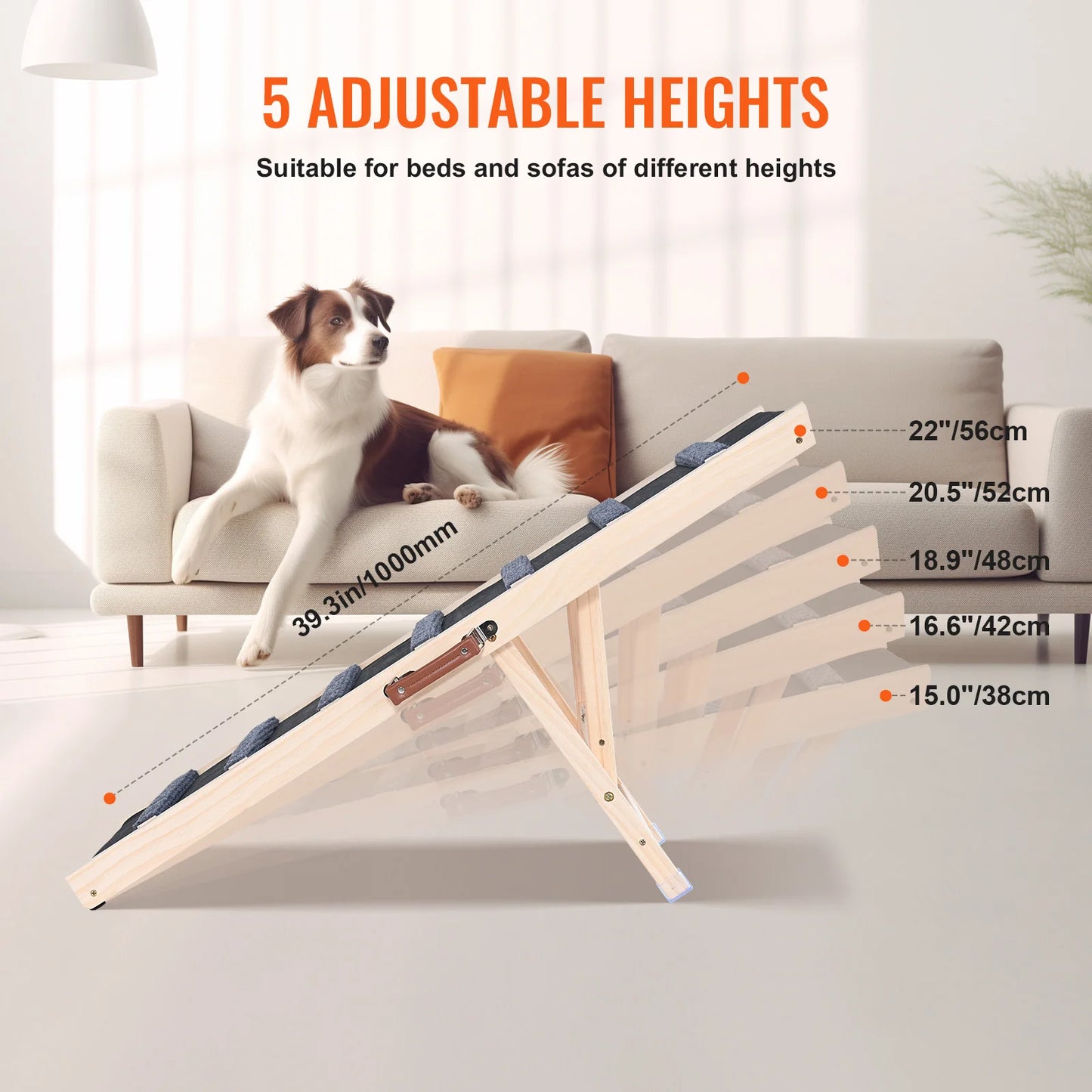 SucceBuy Dog Ramp Folding Ladder Anti-slip High Adjustable Wooden Pet Ramp Removable for Small Old Dog Climb Stairs Sofa Car Bed