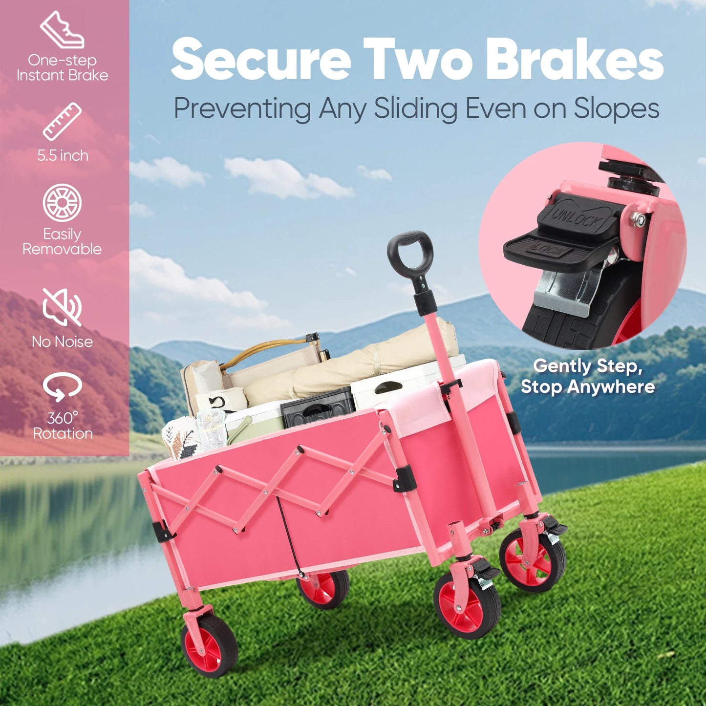 Foldable Collapsible Wagon Cart with 330lbs Weight Capacity, Heavy Duty Lightweight Folding Utility Garden Wagon with Wheel Pink