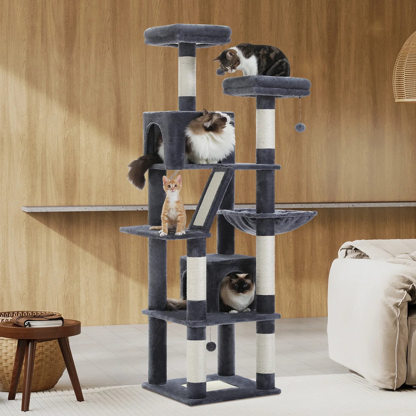 Stable&Safe Multi-Level Cat Tree Tower with Cozy Condo,Scratching Posts&Boards,Perches,Hammock,Pompoms for Active Cats,Cat Toys