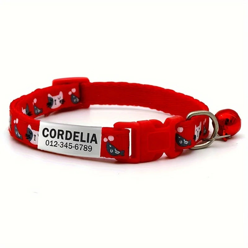 Personalized Printed Cat Collar With Bell Adjustable Kitten Puppy Collars Free Engraved ID Nameplate Anti-lost Safety Buckle
