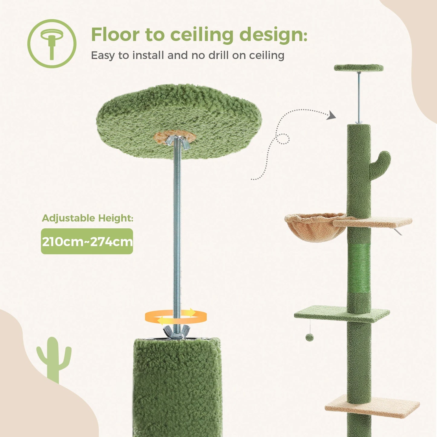 Floor to Ceiling 5 Tiers Cat Tree Tower Cat Climbing Tree Adjustable Height  for Indoor Cats with Condo Scratching Post Ladders