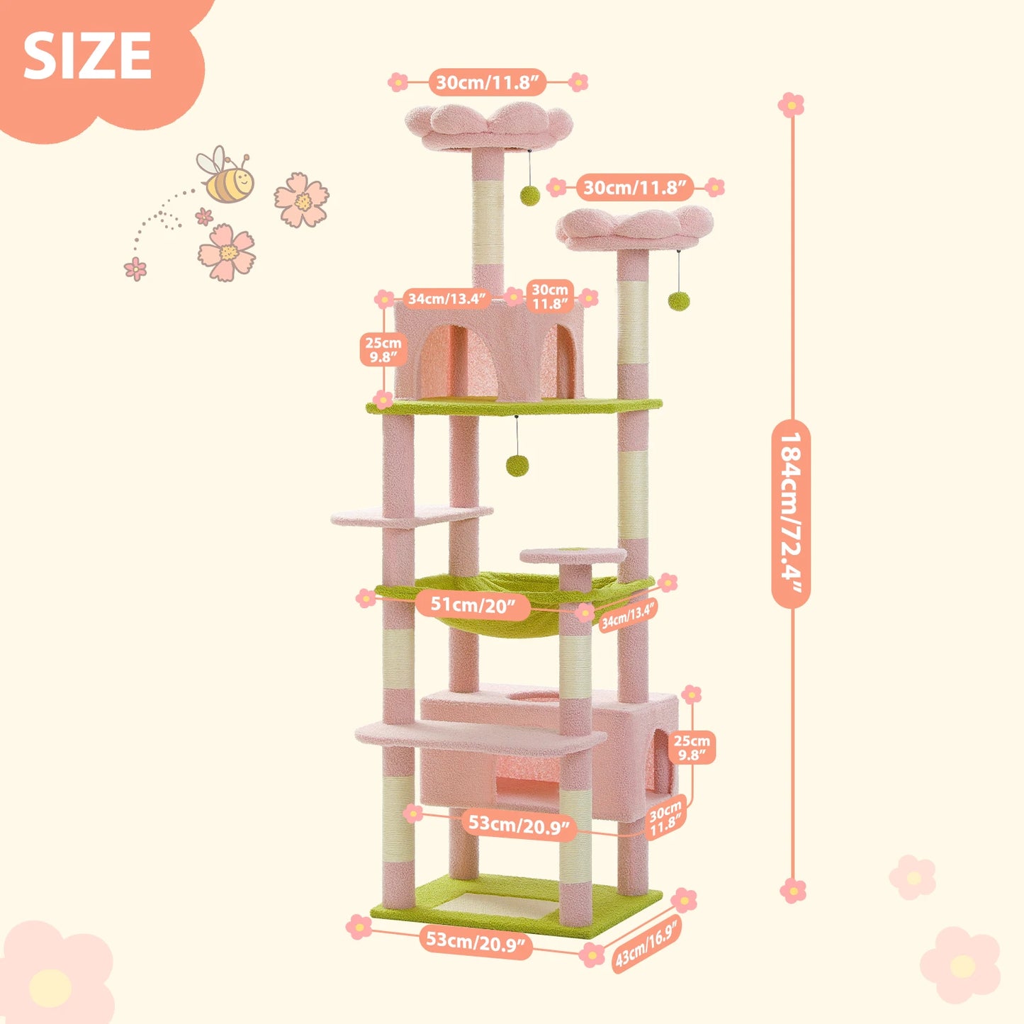 Large Cat Tree for Indoor Cats, Tall Cat Tower with Sisal Scratching Posts, Plush Condo Hammock, Cat Furniture House, Cat Toys