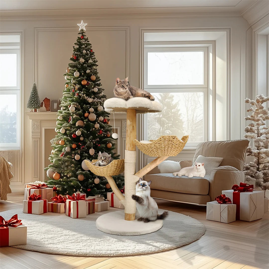 110cm Modern Cat Furniture Climbing Tree Solid Wood Activity Center with Scratching Post for Kitty