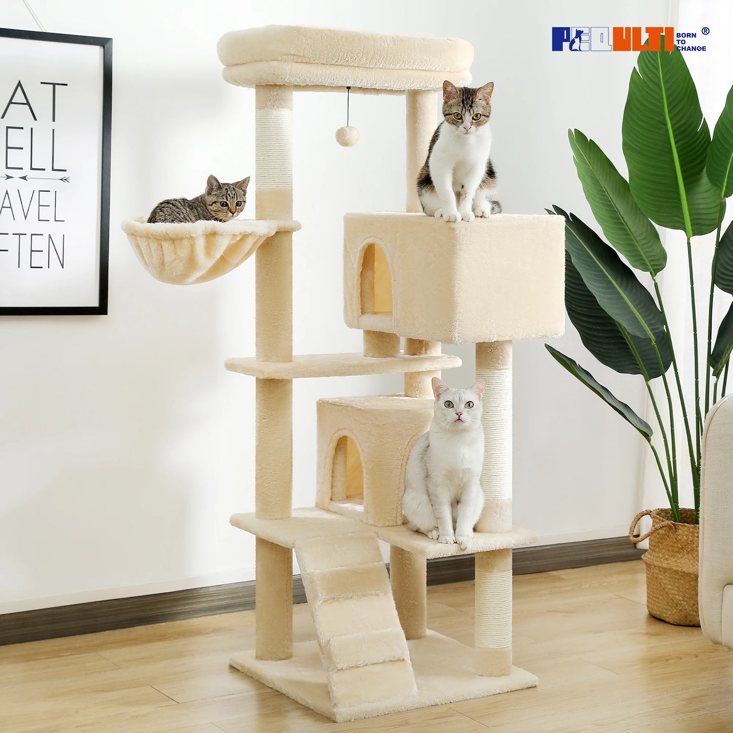 Stable&Safe Multi-Level Cat Tree Tower with Cozy Condo,Scratching Posts&Boards,Perches,Hammock,Pompoms for Active Cats,Cat Toys
