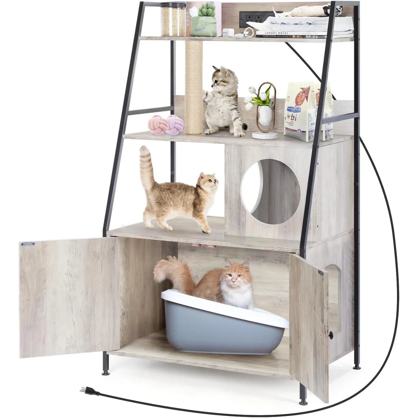 Cat Litter Box Enclosure w/Charging Station & Shelves - Tall Hidden Furniture Universal Fit Indoor, Storage Cabinet (Black)