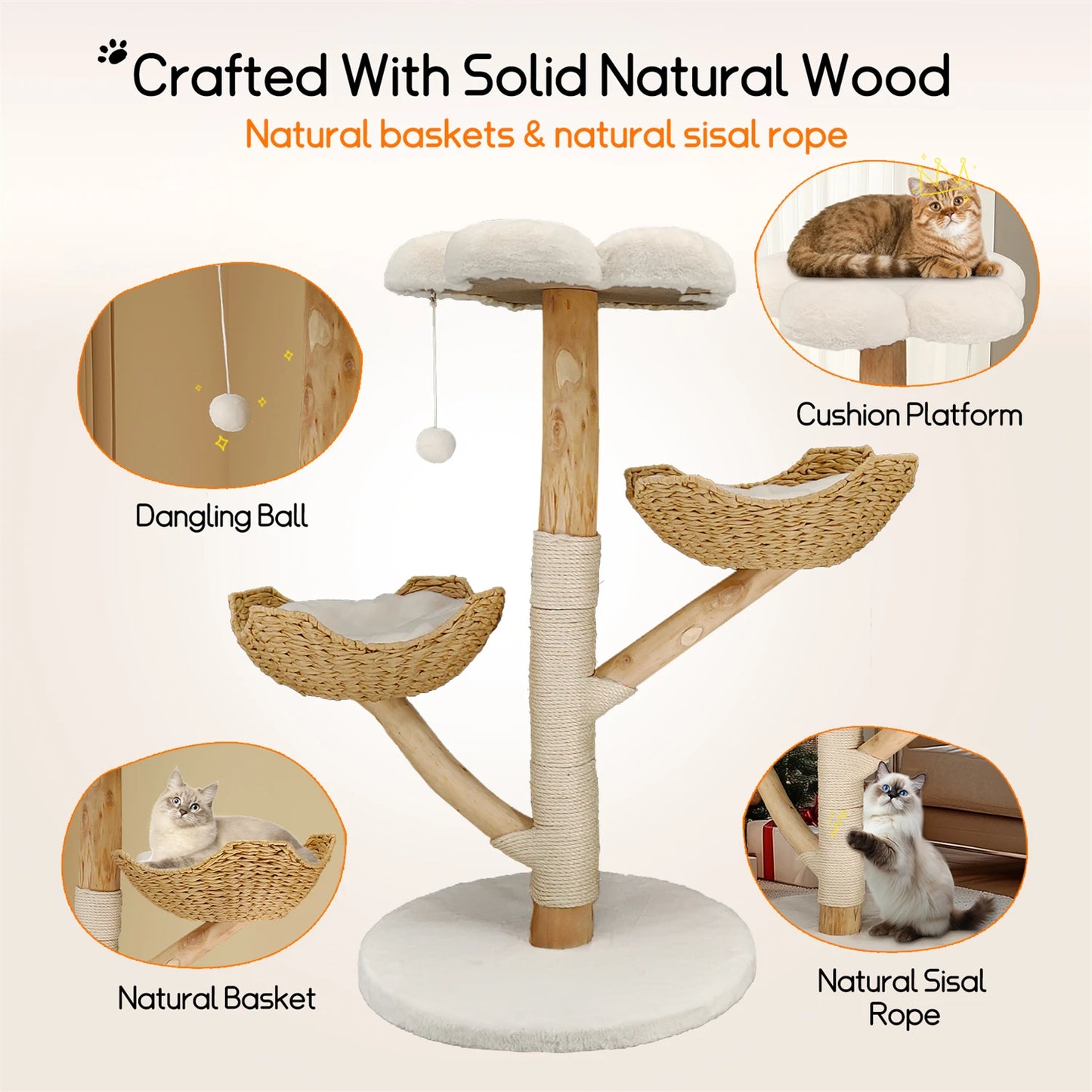 Modern Cat Tree Activity Tower with Plush Cushion and Toy Ball Sisal Scratching Post Kitten Condo Play House for Indoor
