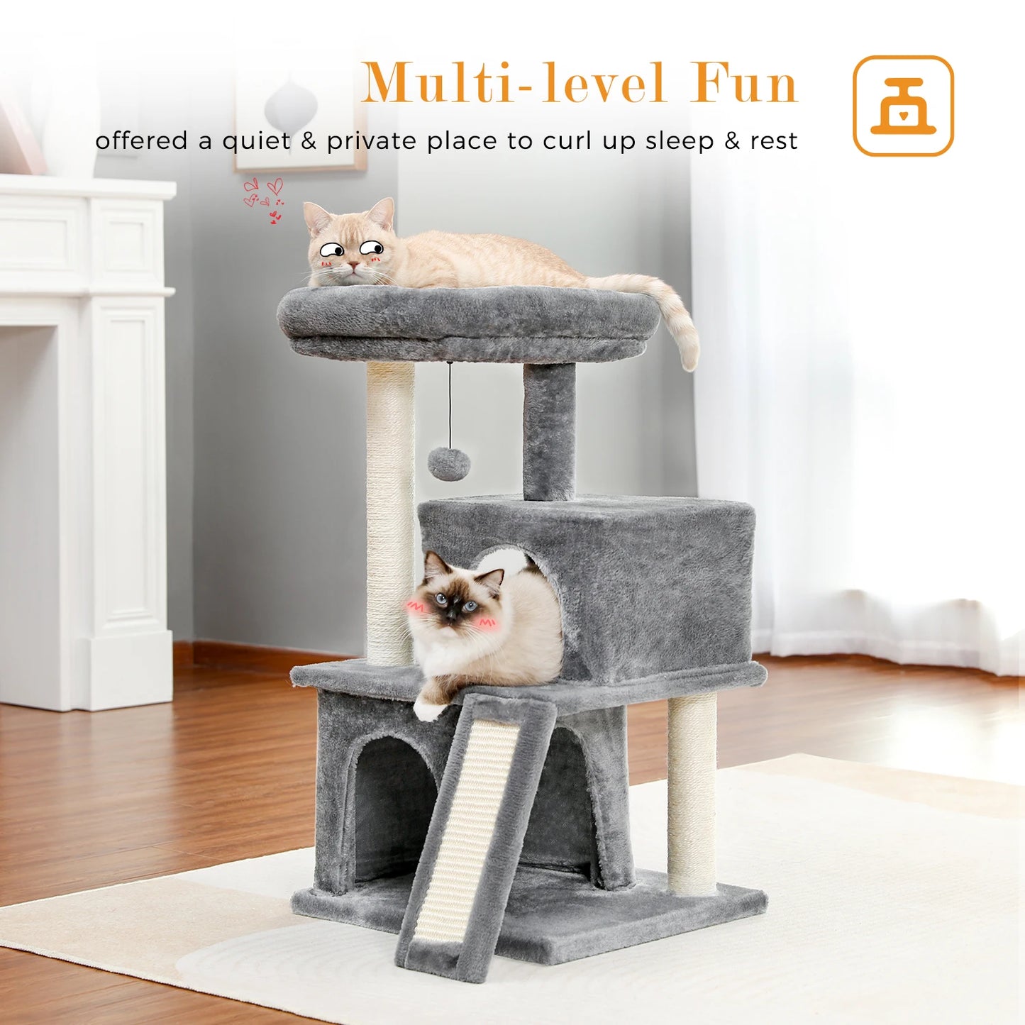 Wooden Cat Tower with Double Condos Spacious Perch Fully Wrapped Scratching Sisal Posts and Replaceable Dangling Balls