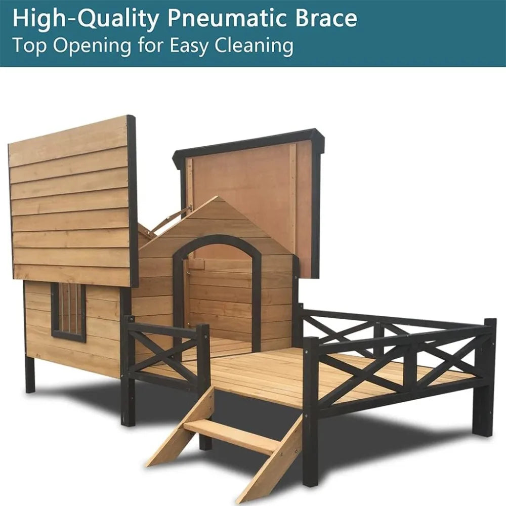 Wooden Large Dog House 43.3" L x 69.9" W x 32.7" H Extreme Outback Log Cabin Weatherproof Outdoor Pet Kennel, Cabin Style Elevat