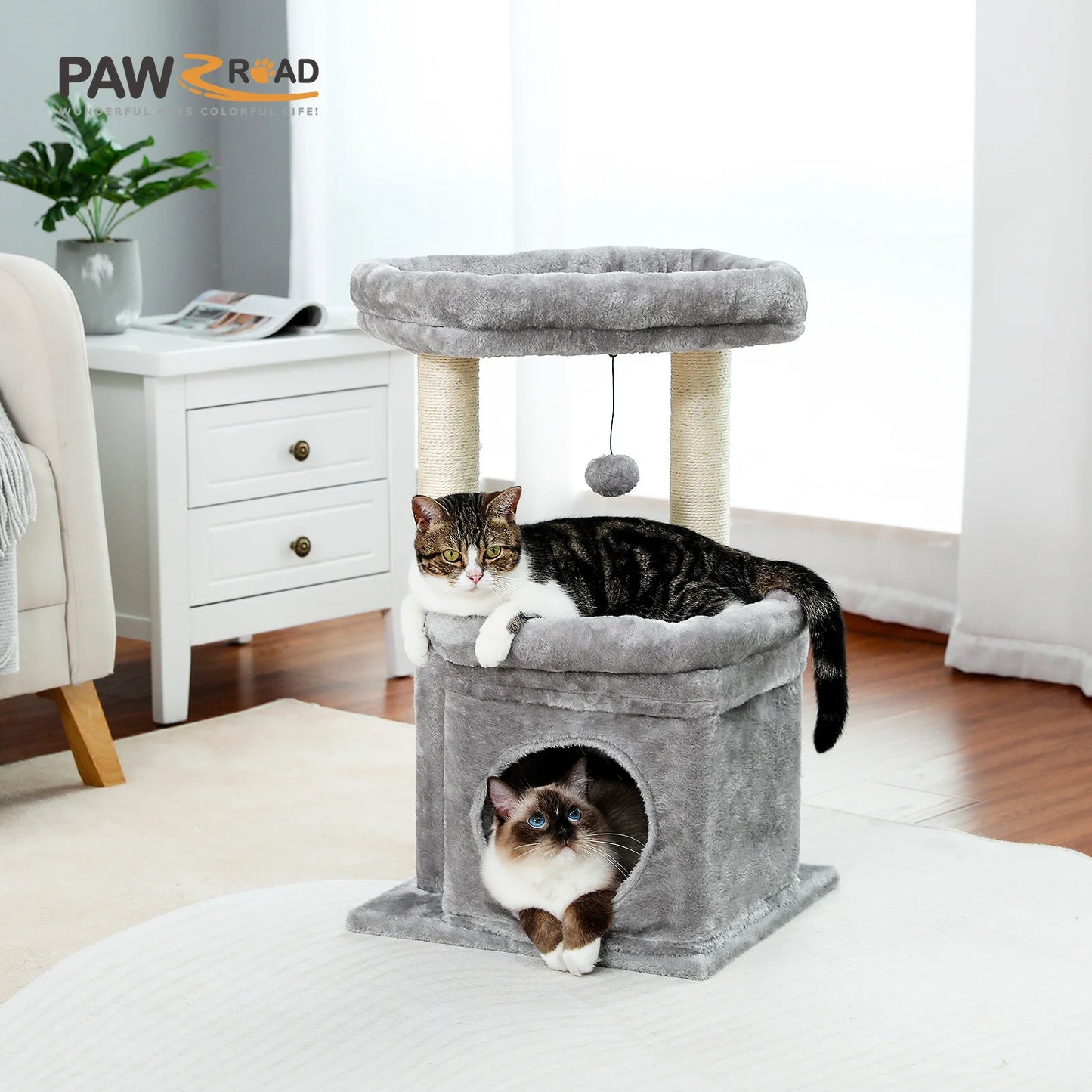 Cat Tree Cat Tower with Cozy Condo, Wide Top Perch,Natural Sisal Posts, Soft Plush,Playful Pom-Pom Suitable for 1-2 Indoor Cats
