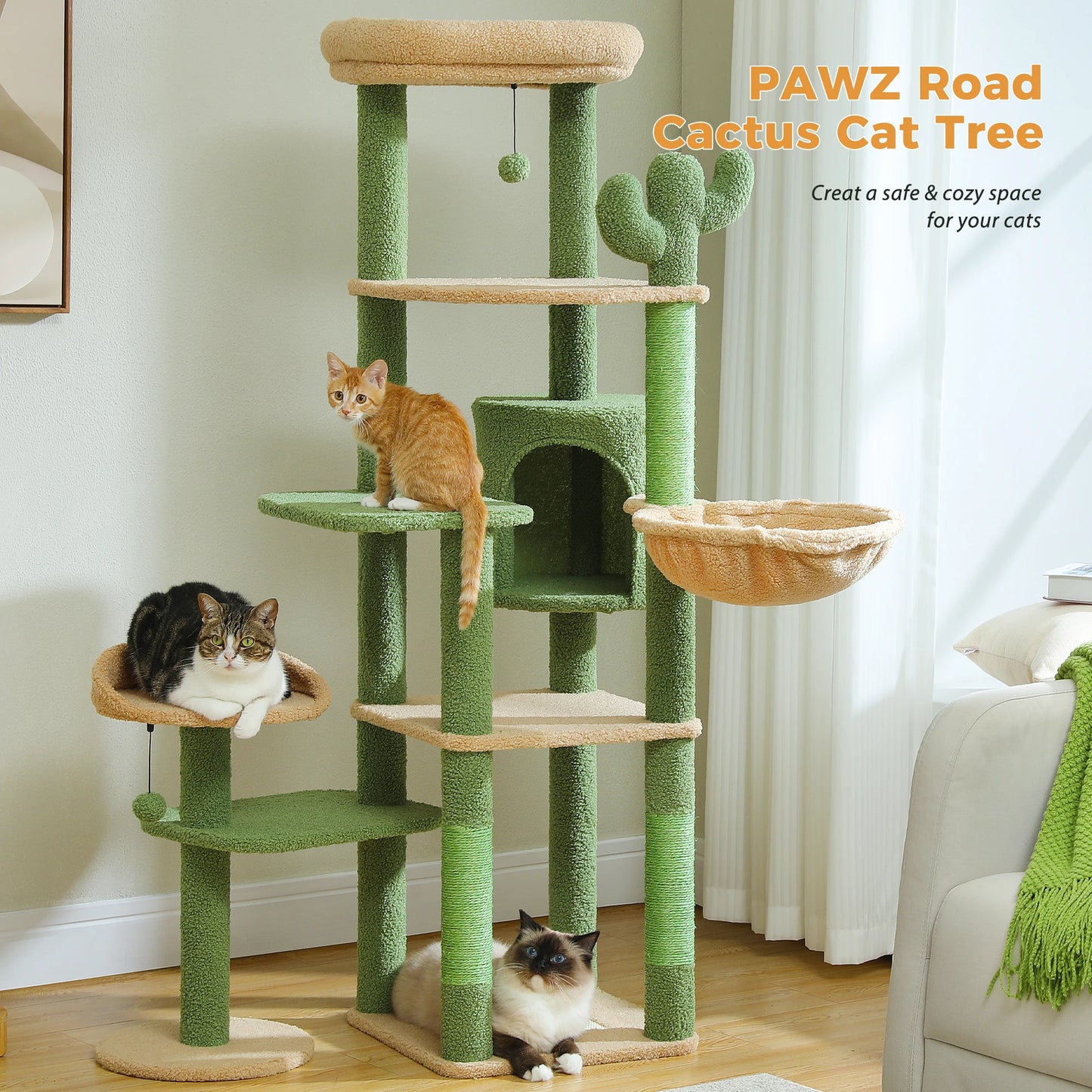 Stable Cat Tree Tower with Anti-Toppling Device,Cozy Detachable Top Bed,Cute Round Cat Condo,Large Hammock,Replaceable Pompoms