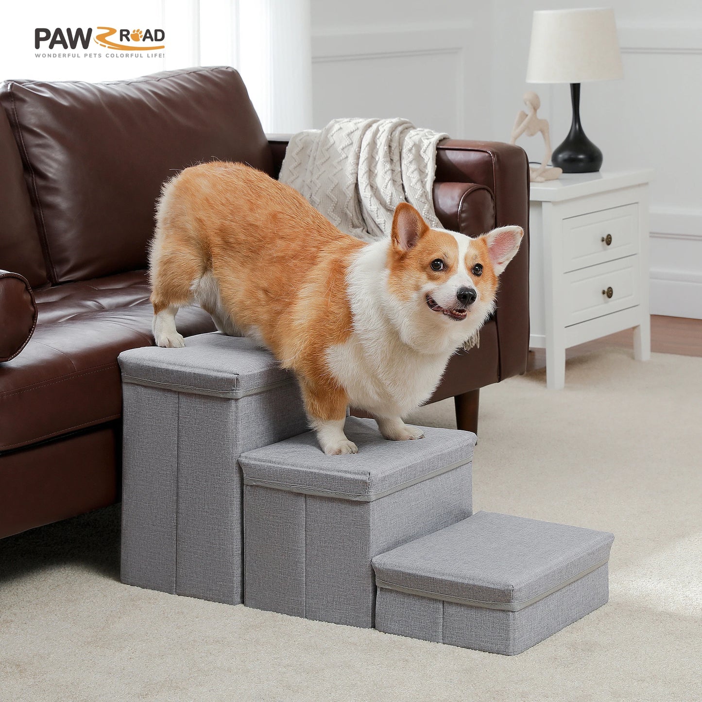3-Tier Dog Stairs Foldable Pet Stair with Storage Box Adjustable Height Dog Steps for Small Old Dog Cat Non-Slip Pet Ramp Indoor
