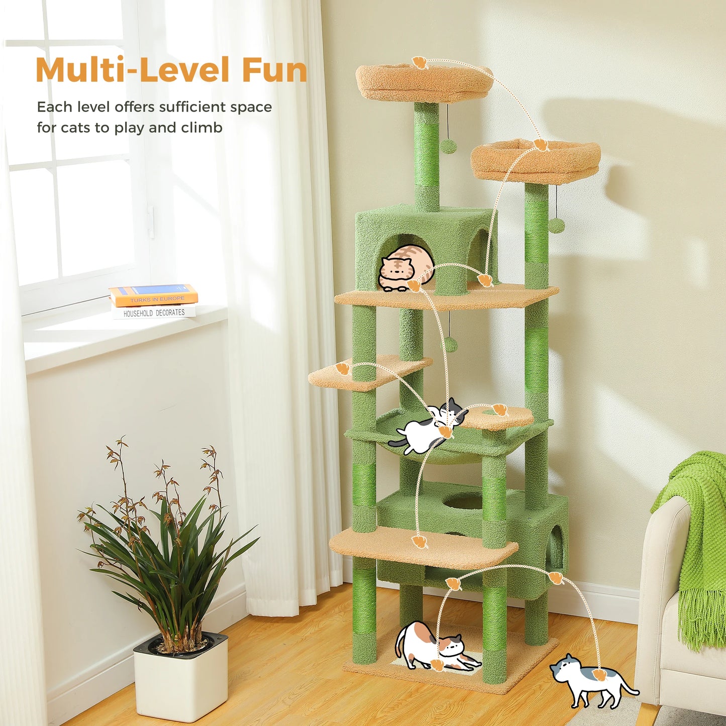 184cm Large Cat Tree Tower for Indoor Cats With Sisal-Covered Scratching Posts Spacious Hammock Padded Perches and Condos Green