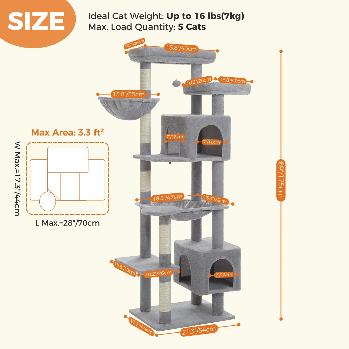 Stable&Safe Cat Tree Multi-Level Cat Tower with Spacious Hammock&Top Perches,Comfortable Condo Perfect for Indoor Cats,Cat Toy