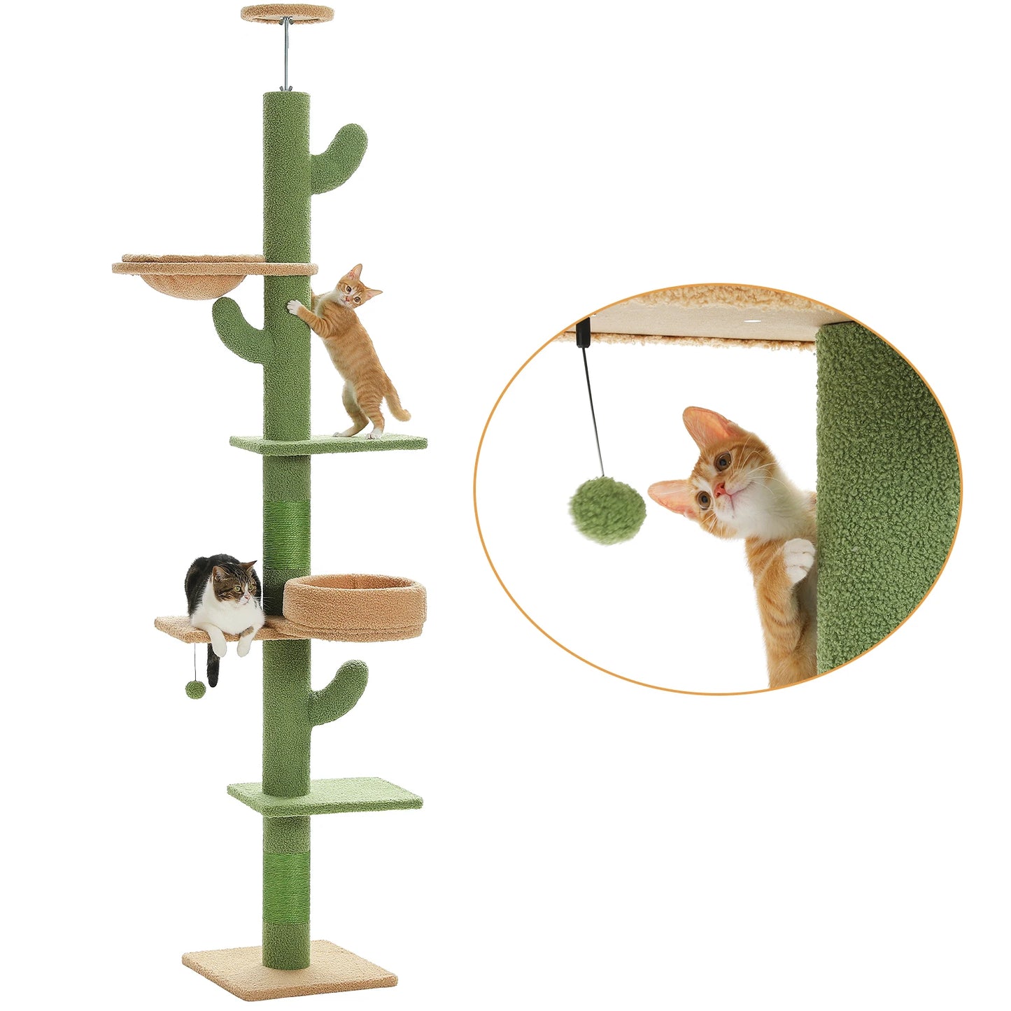Floor to Ceiling Cactus Cat Tree Tower 5 Levels Height Adjustable Cat Tower with Cat Perch Replaceable Hammock Super Robust