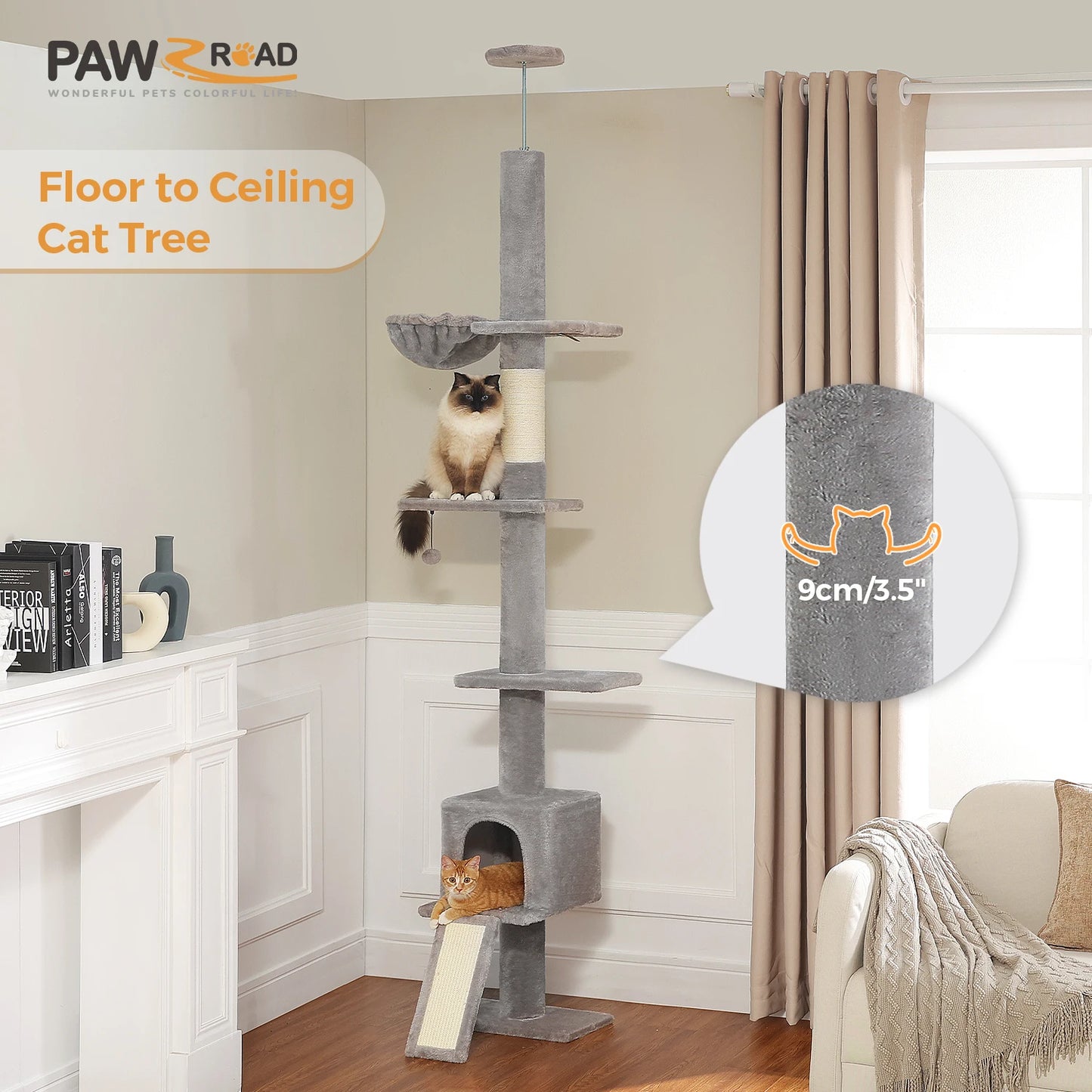 Floor to Ceiling 5 Tiers Cat Tree Tower Cat Climbing Tree Adjustable Height  for Indoor Cats with Condo Scratching Post Ladders