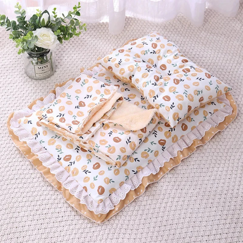 Cute Cat Bed With Pillow Universal Three-Piece Princess Nest Dog Kennel Pet Cushion Small Medium Cat Sleeping Bed Pet Blanket