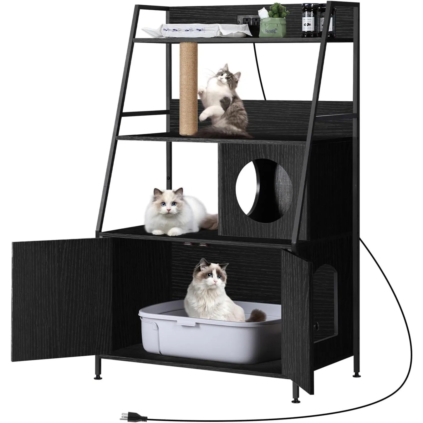 Cat Litter Box Enclosure w/Charging Station & Shelves - Tall Hidden Furniture Universal Fit Indoor, Storage Cabinet (Black)