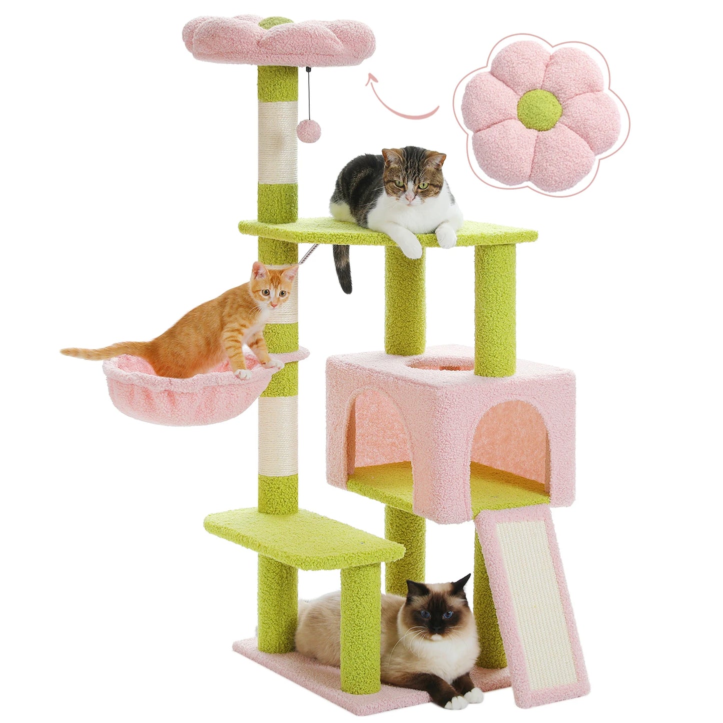 120cm Multi-Level Flower Cat Tree Tower with Sisal Scratch Posts Ramp Top Perch and Fluffy Ball for Small to Medium Indoor Cats