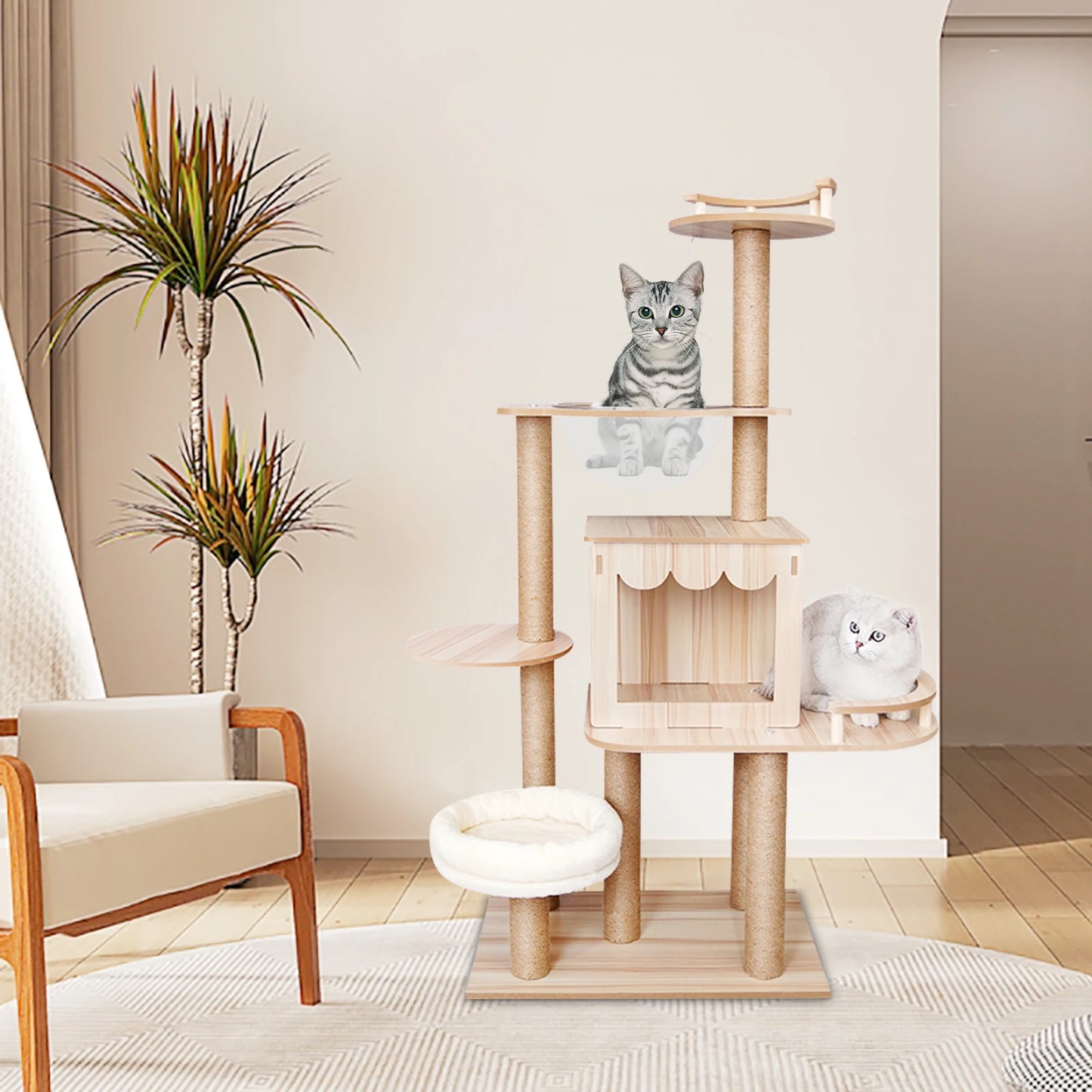 Multi-Level Wood Cat Tree Tower for Indoor All-in-one Pets Play Tree Climbing Jumping Toy Frame with Cushionss
