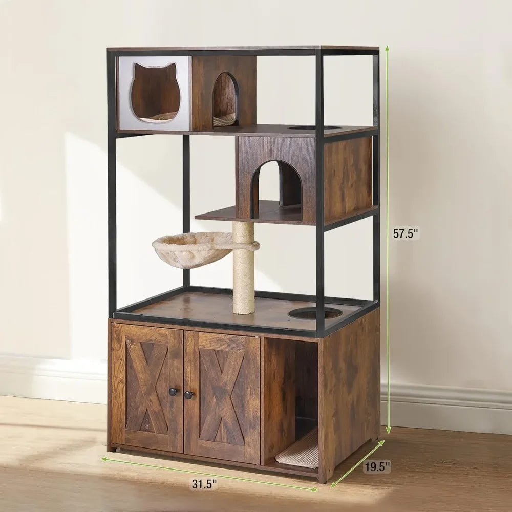 Cats Litter Box Enclosure Cat Tree with Hidden Litter Box Furniture Cat Tower Cat Condo with Cats Cave, Scratching Post, Hammock