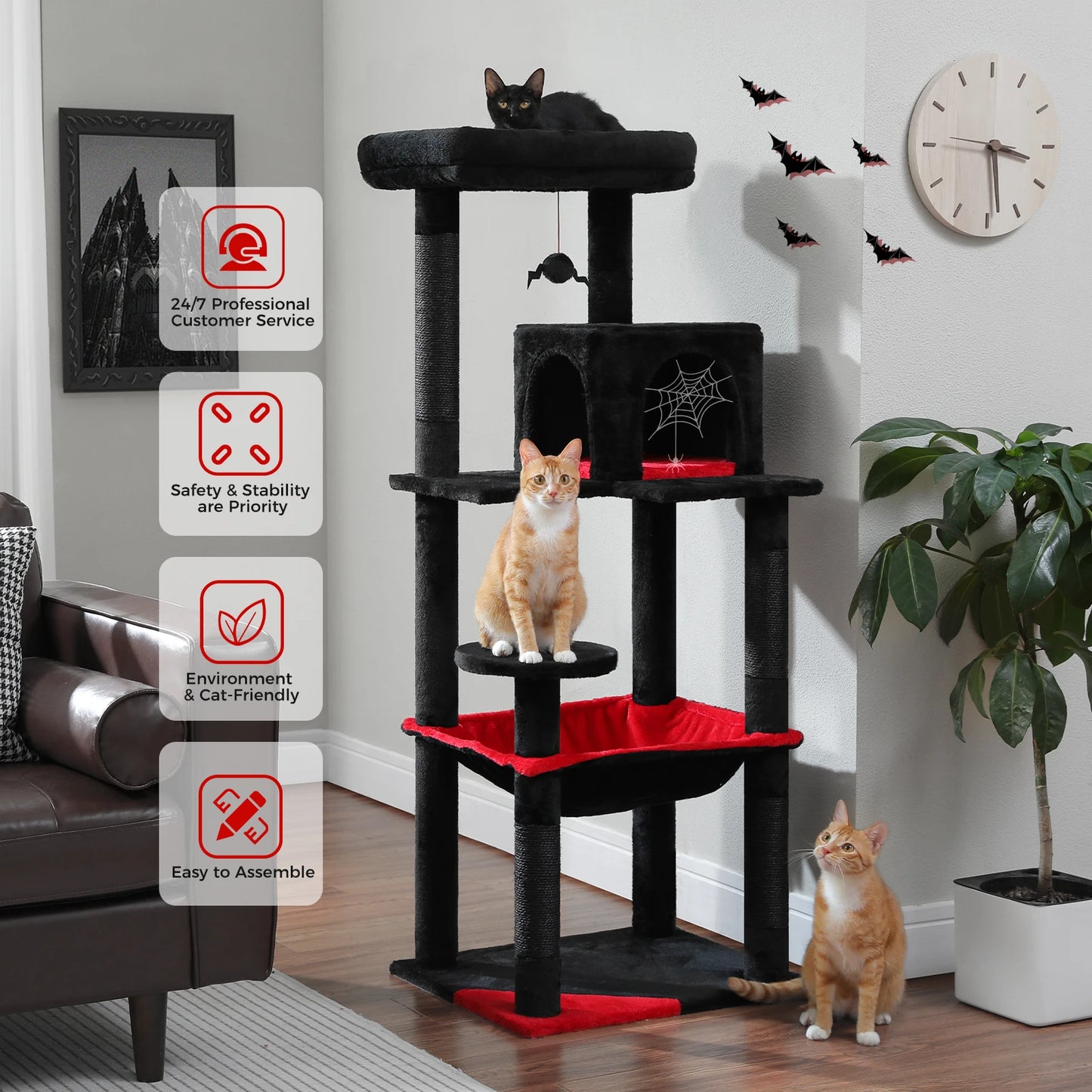 Environment&Cat-Friendly Gothic Cat Tree Suitable for 2-3Cats with Large Hammock,Sisal Scratch Posts ,Cozy Condo and Top Perch
