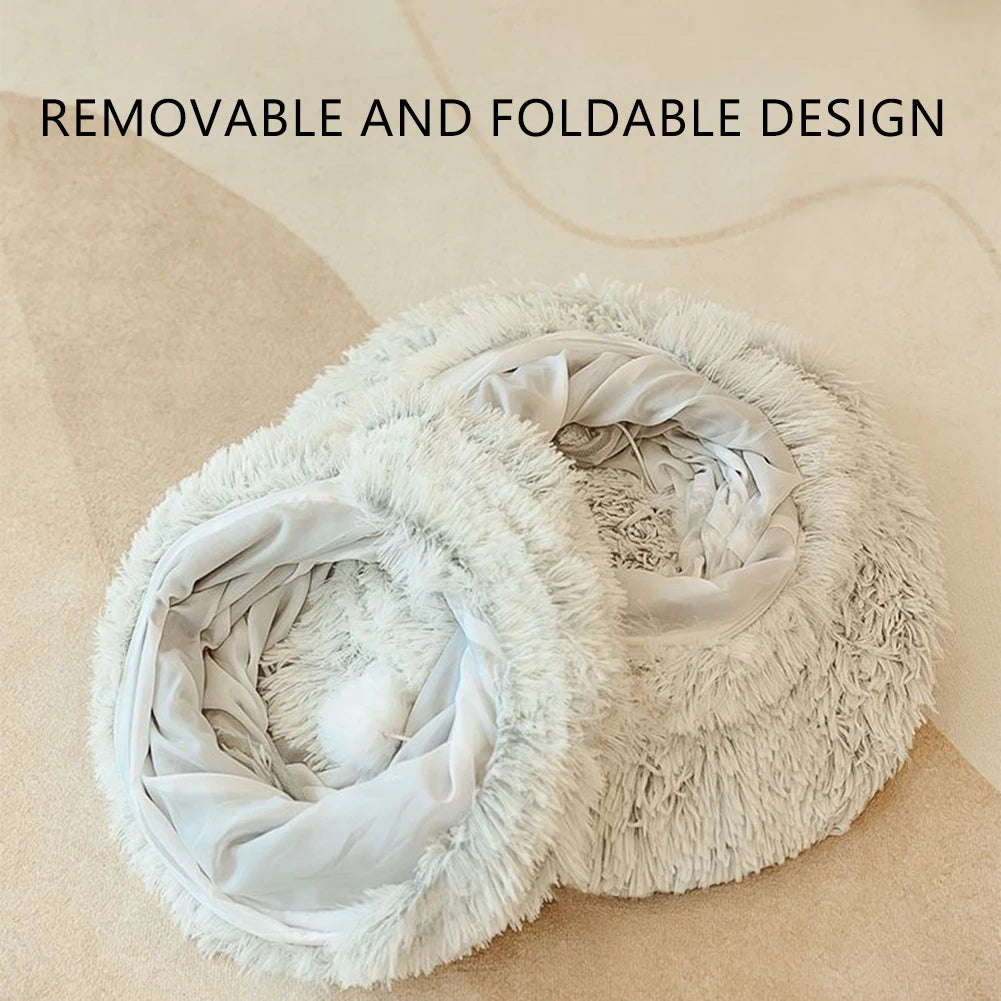 Soft Winter Cat Bed and Tunnel Playful Foldable Cat Cave for Deep Sleeping Provides Warmth Comfortable for Cats Small Dogs Pets