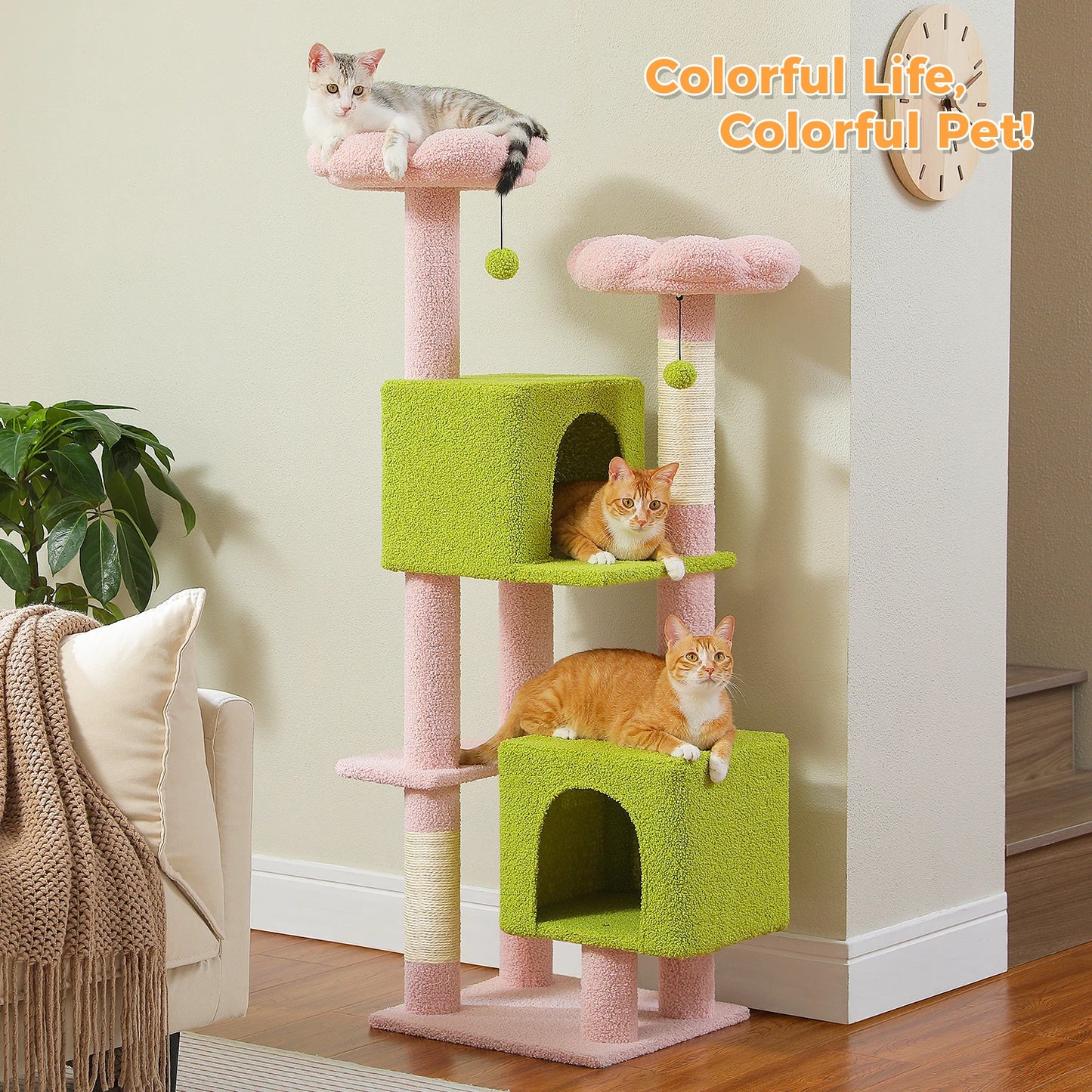Cactus Cat Tree, 133cm Cat Tower for Indoor Cats, Cute Cat Tree with 2 Padded Perches, 2 Condos & 2 Scratching Posts