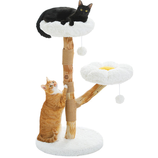 Wood Flower Cat Tree with 2 Perches Sisal Scratching Post Modern Cat Tower for Indoor Cats Luxury Boho Cat Furniture Cat Toys