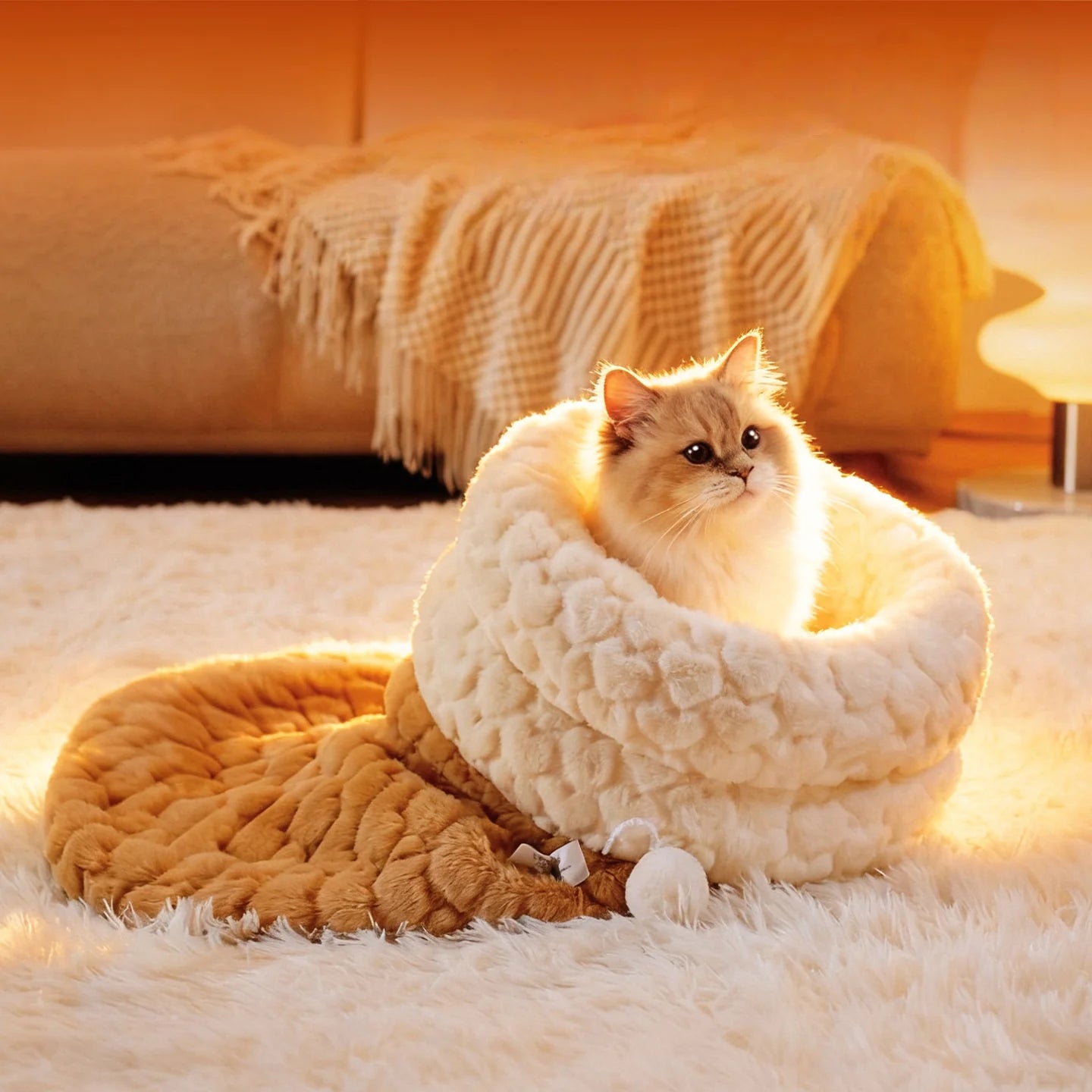Cozy Cave Cat Sleeping Bag: Winter Warm Semi-Enclosed Pet Bed with Security Hood - Self-Warming Fluff Pocket for Anxious Cats
