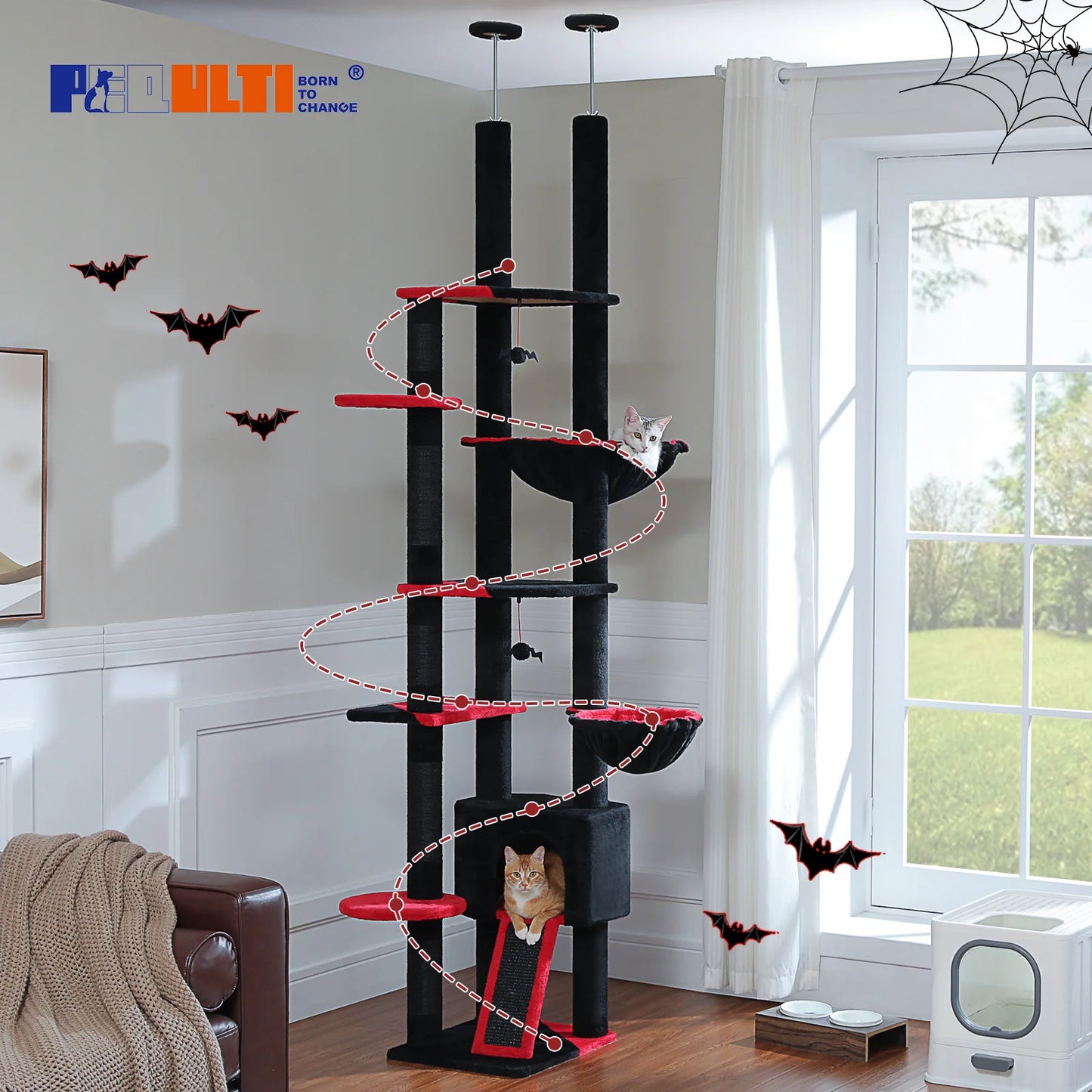 Floor to Ceiling Tall Cat Tree with Cozy Condo Hammock Sisal Scratching Post Adjustable Height Cat Tower for Indoor, 230cm-252cm