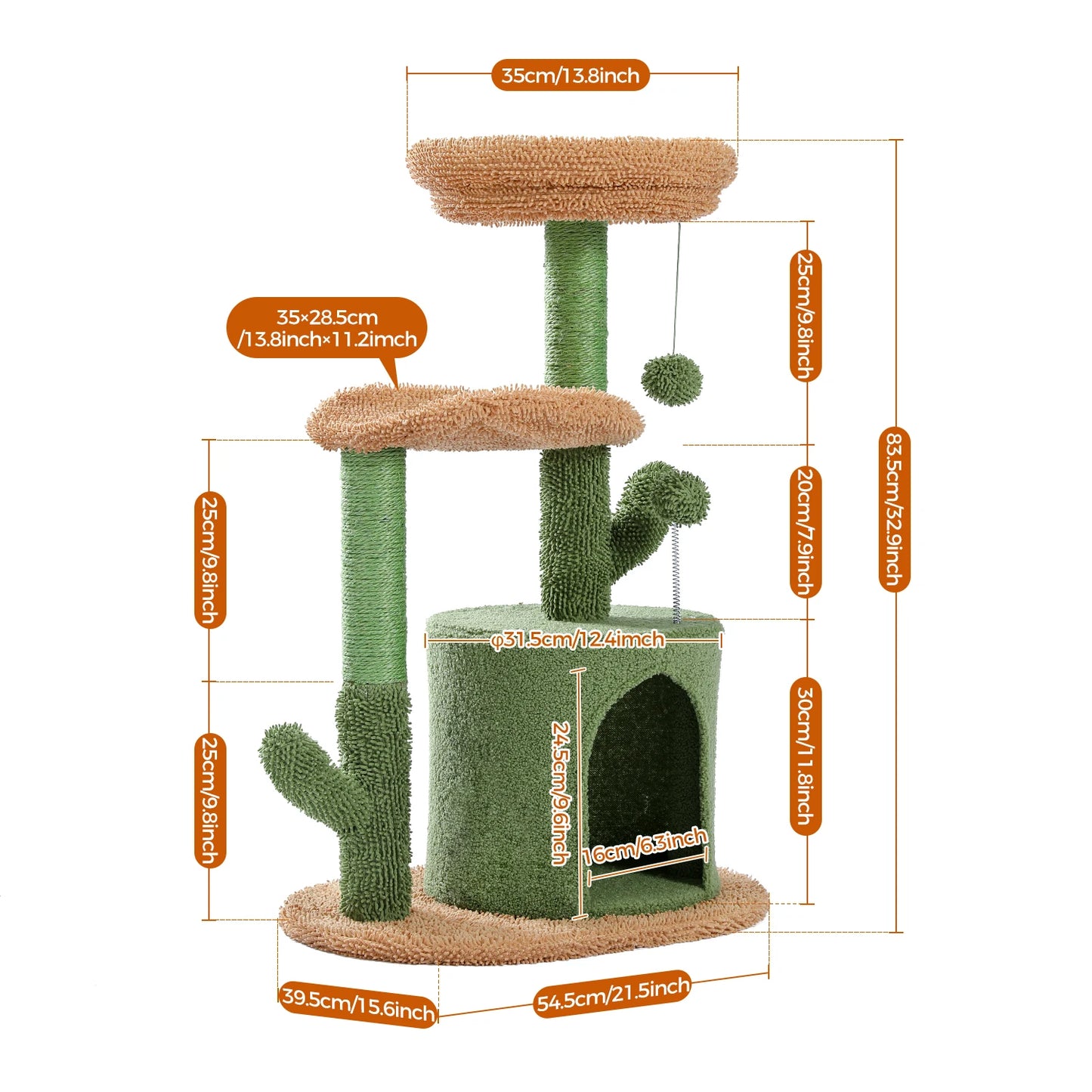 Cactus Cat Tree with Curved Perch Cozy Cat Condo Small Cat Tower with Removable Top Bed Cat Scratching Post for Indoor Cat Toys