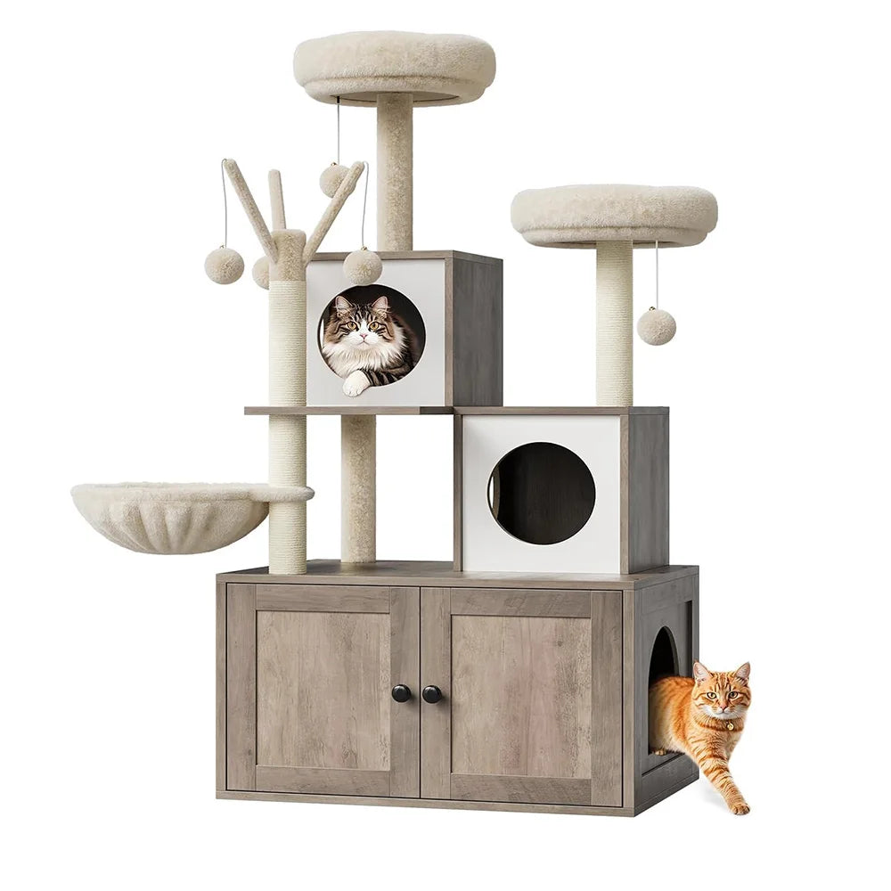 Litter Box Enclosure with Cat Tree Tower Condo - 3-in-1 Cat House Multi-Level Design for Climbing, Wooden Cat Furniture