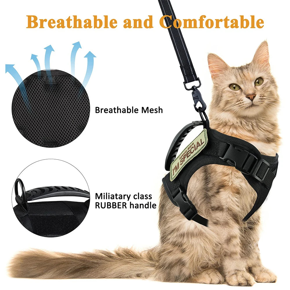 Tactical Cat Harness with Leash Set Puppy Walking Escape Proof Adjustable Pet Vest withControl Handle For Large Cats Small Dogs