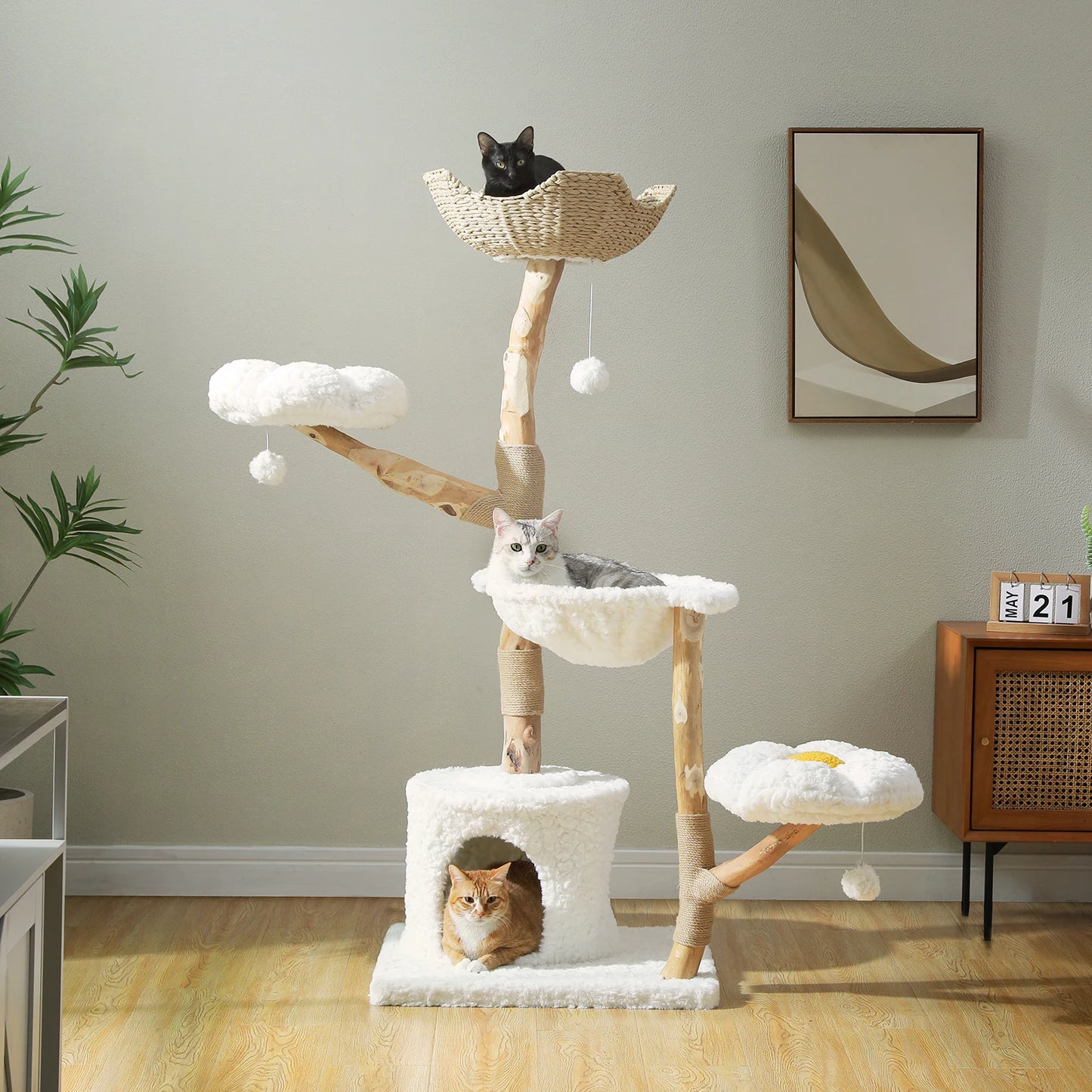 Modern Cat Tree with Natural Sisal Scratching Posts Large Condo Flower Perches Wood Cat Tower for Indoor Luxury Cat Furniture