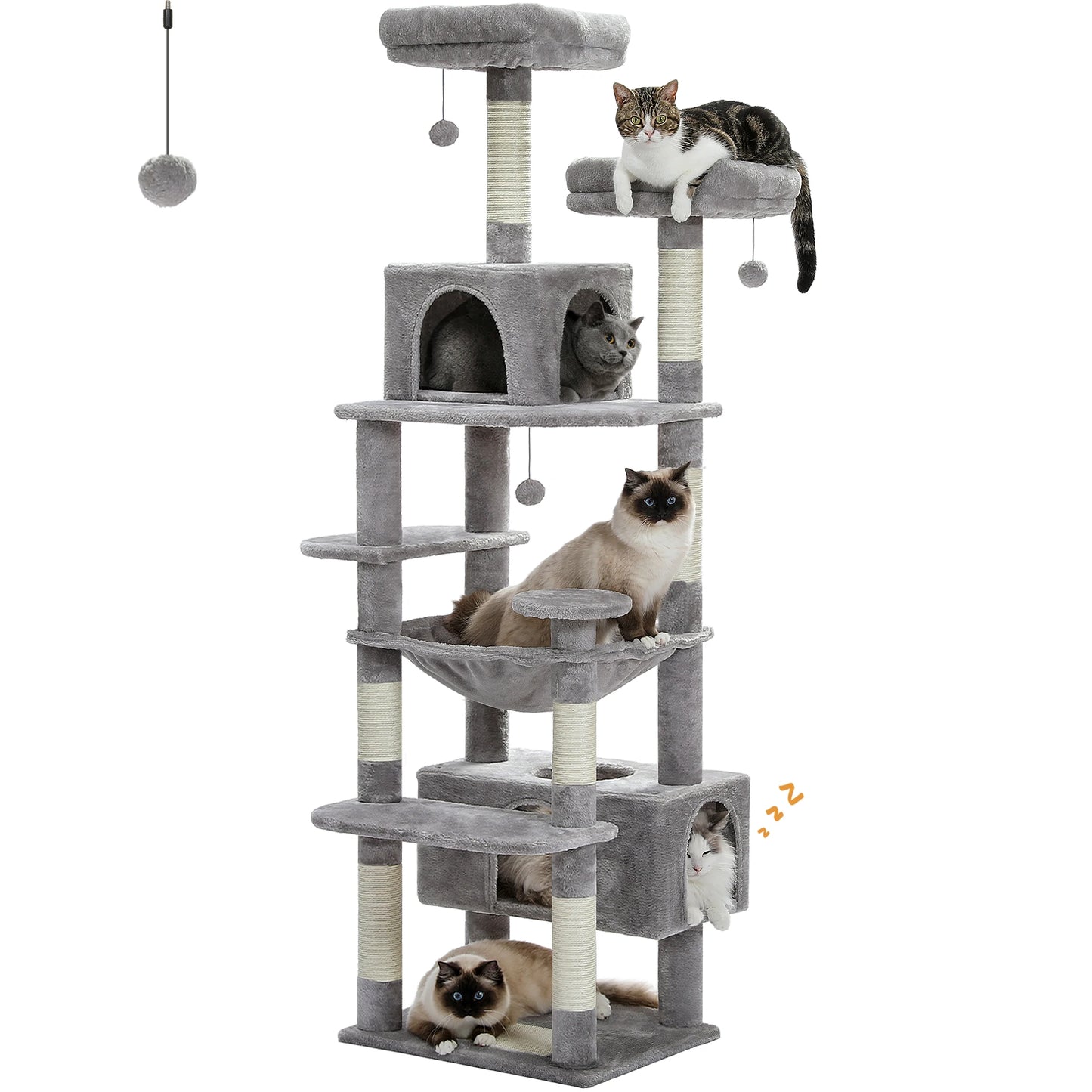 Large Cat Tree Tower for Indoor Cats With Sisal-Covered Scratching Posts Spacious Hammock Padded Perches and Condos Grey